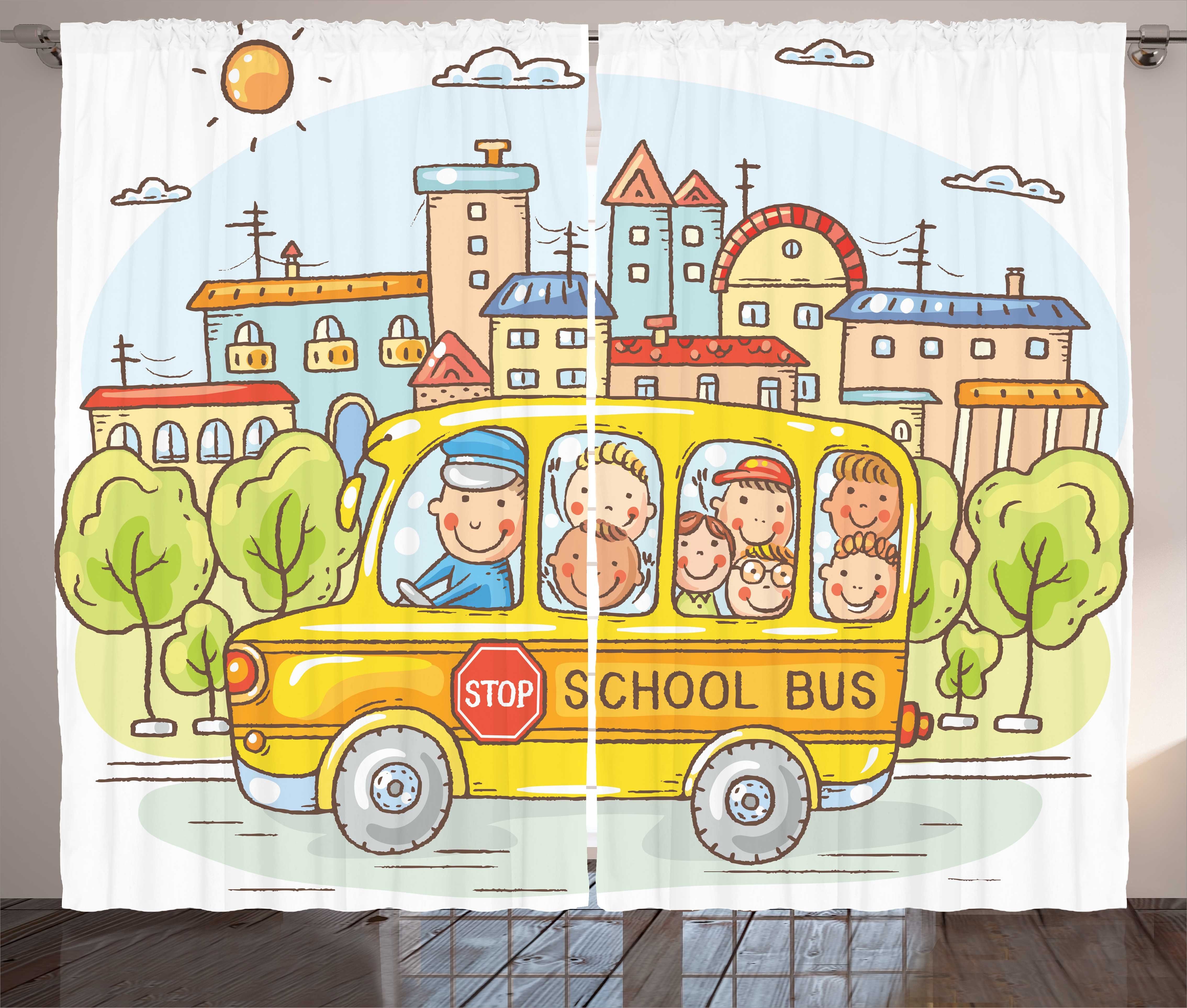 Gardine gefüllt Schlafzimmer und Abakuhaus, Haken, mit Kleinkindern Kräuselband Vorhang mit Schulbus Bus Schlaufen
