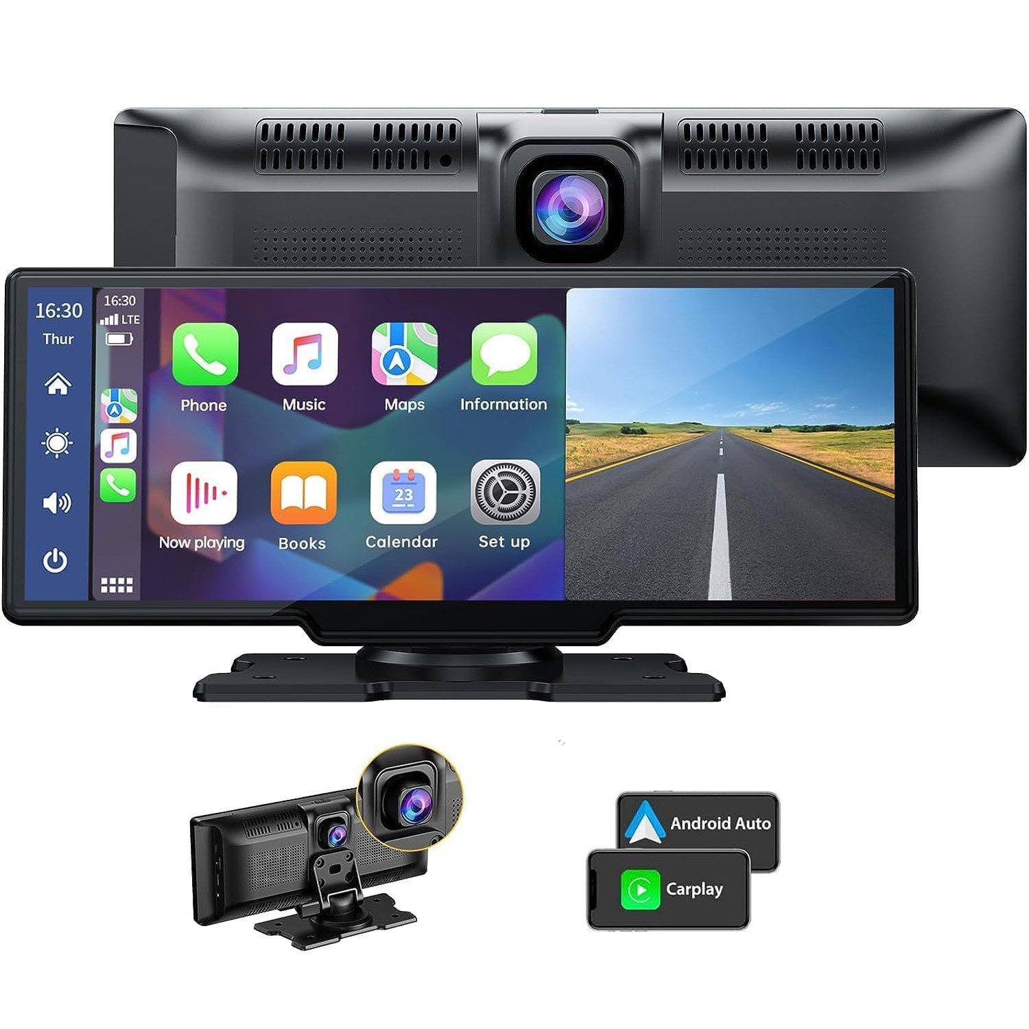 Tekoo 4K Dashcam mit 10,26" CarPlay Monitor, Wireless Android Auto, IPS Dashcam (4K Ultra HD, WLAN, Bluetooth 5.0, 10,26" Monitor, Dashboard-Halter, Kfz-Ladekabel, AUX-Kabel, Split-Screen, MirrorLink, WDR Nachtsicht, BT 5.0, FM Transmitter, AUX)