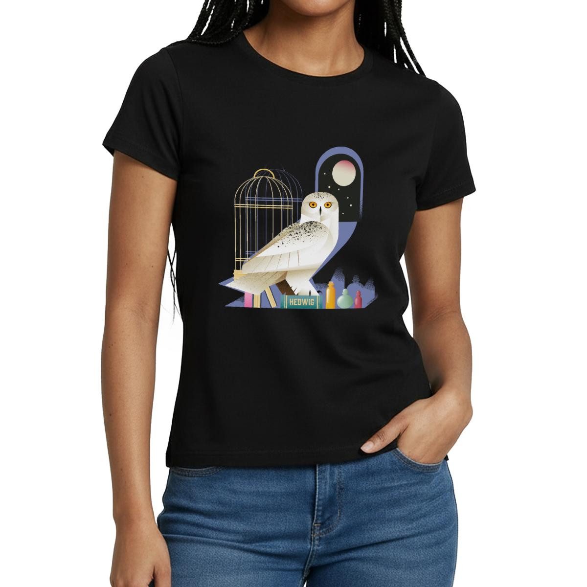 Spreadshirt T-Shirt Harry Potter Eule Hedwig Bei Nacht Frauen T-Shirt (1-tlg)