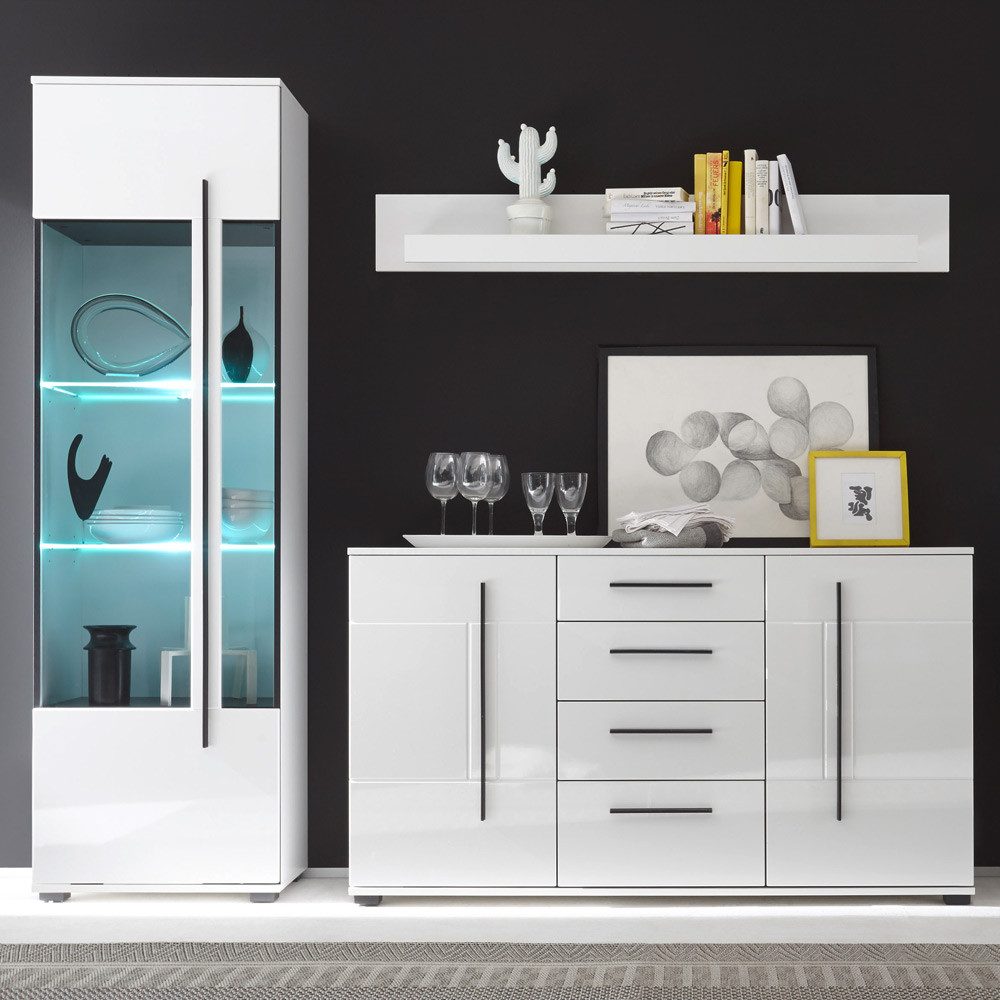 Lomadox Wohnwand COLORADO-61, (4-St), weiß Hochglanz mit Vitrine inkl. LED günstig online kaufen