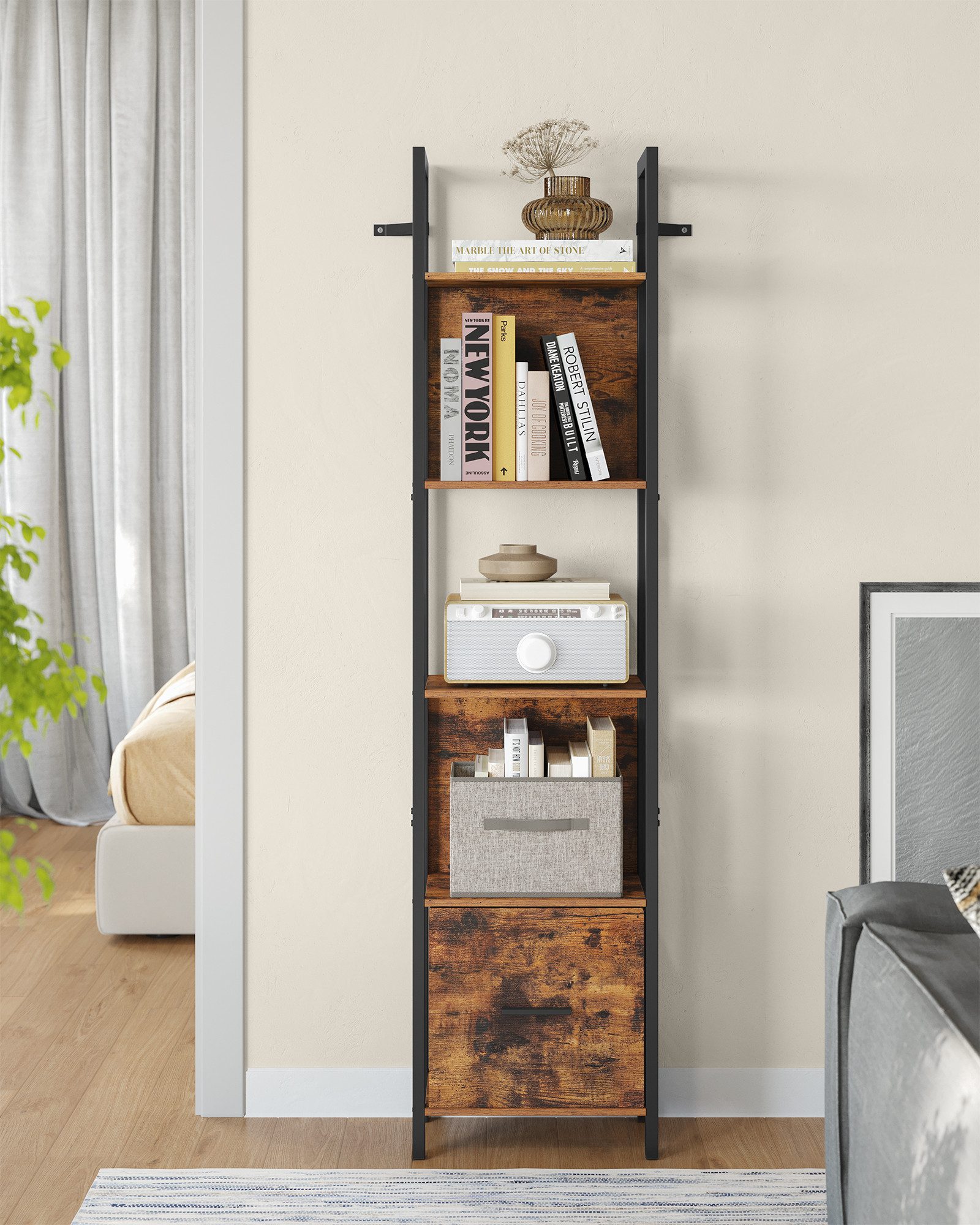 VASAGLE Bücherregal, mit 5 Ebenen, Eckregal mit Schublade, Leiterregal günstig online kaufen
