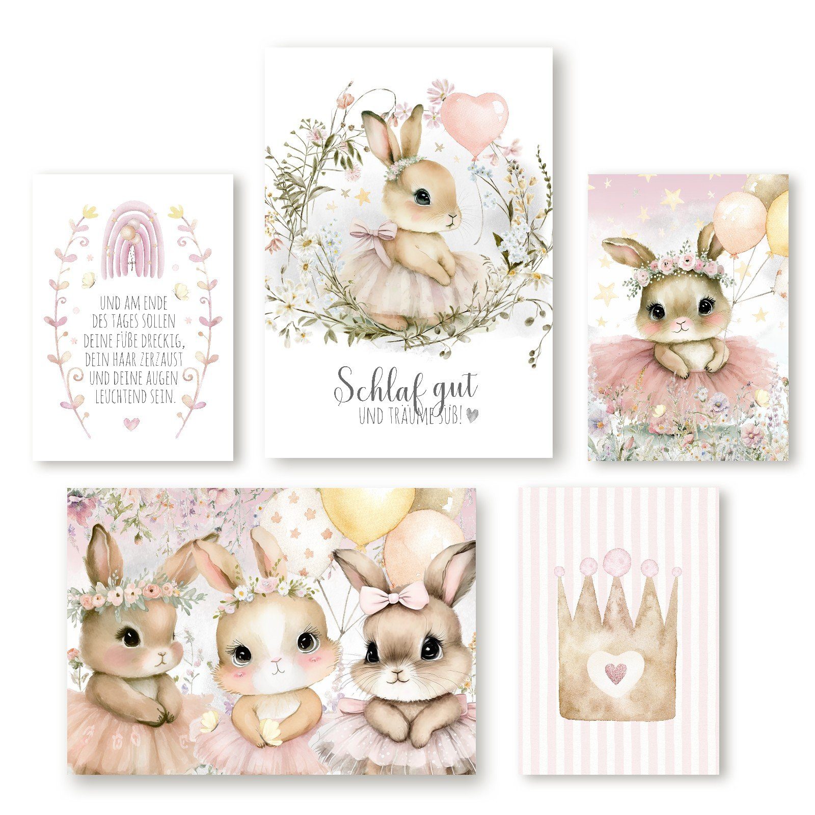 homestyle-accessoires Poster Kinderbilder Kinderzimmer Bilderset SCHLAF GUT - HASEN BALLERINA, (5 St), - Ohne Bilderrahmen - sorgfältige & sichere Verpackung