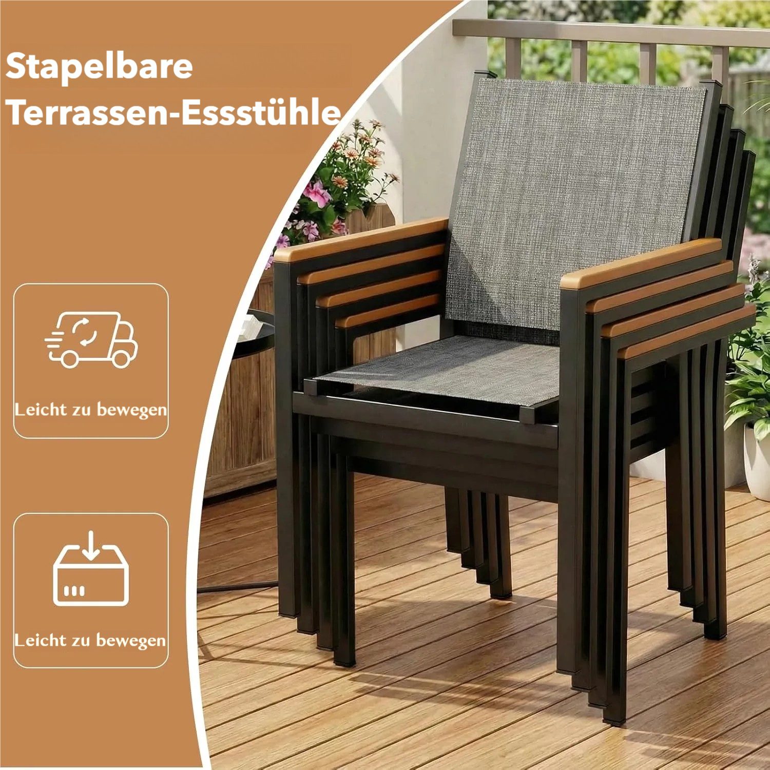 TLGREEN Stapelstuhl (2/4er Set)Aluminium Outdoor-Gartenstuhl,Maximale Belastung 150kg (WPC Handlauf,Balkonstühle, 2 St), für Terrasse, Balkon, Terrasse, Pool, Restaurants