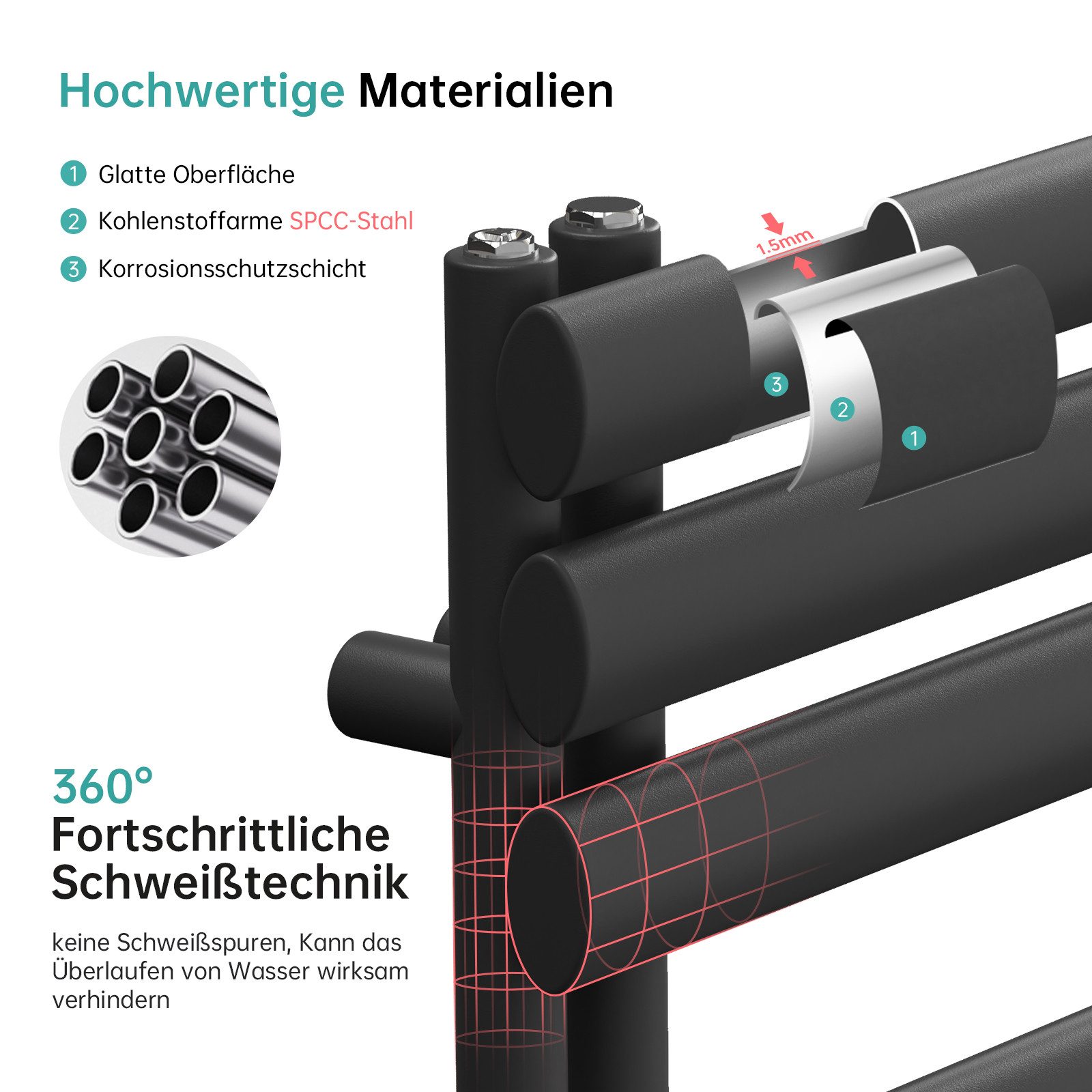 EMKE Badheizkörper Oval Röhren 388-815W Badheizkörper Handtuchtrockner Handtuchwärmer, Rohrheizkörper Vertikal Seitenanschlussfür Wasser