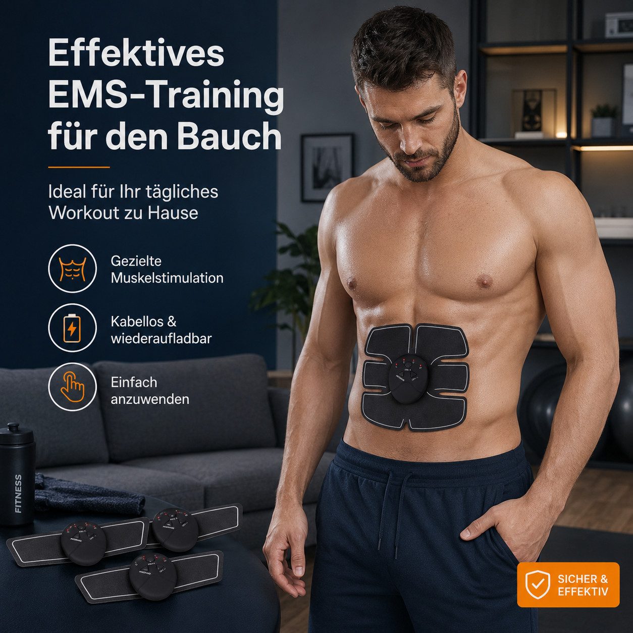 Tekoo EMS-Bauchmuskeltrainer EMS Muskelstimulationsgerät Bauch- und Armtrainer USB Set, (Kombipaket (Bauch- und Arm-Pads), 3-teiliges Set für das Ganzkörpertraining), USB-aufladbar, 3-Kanal-Steuerung