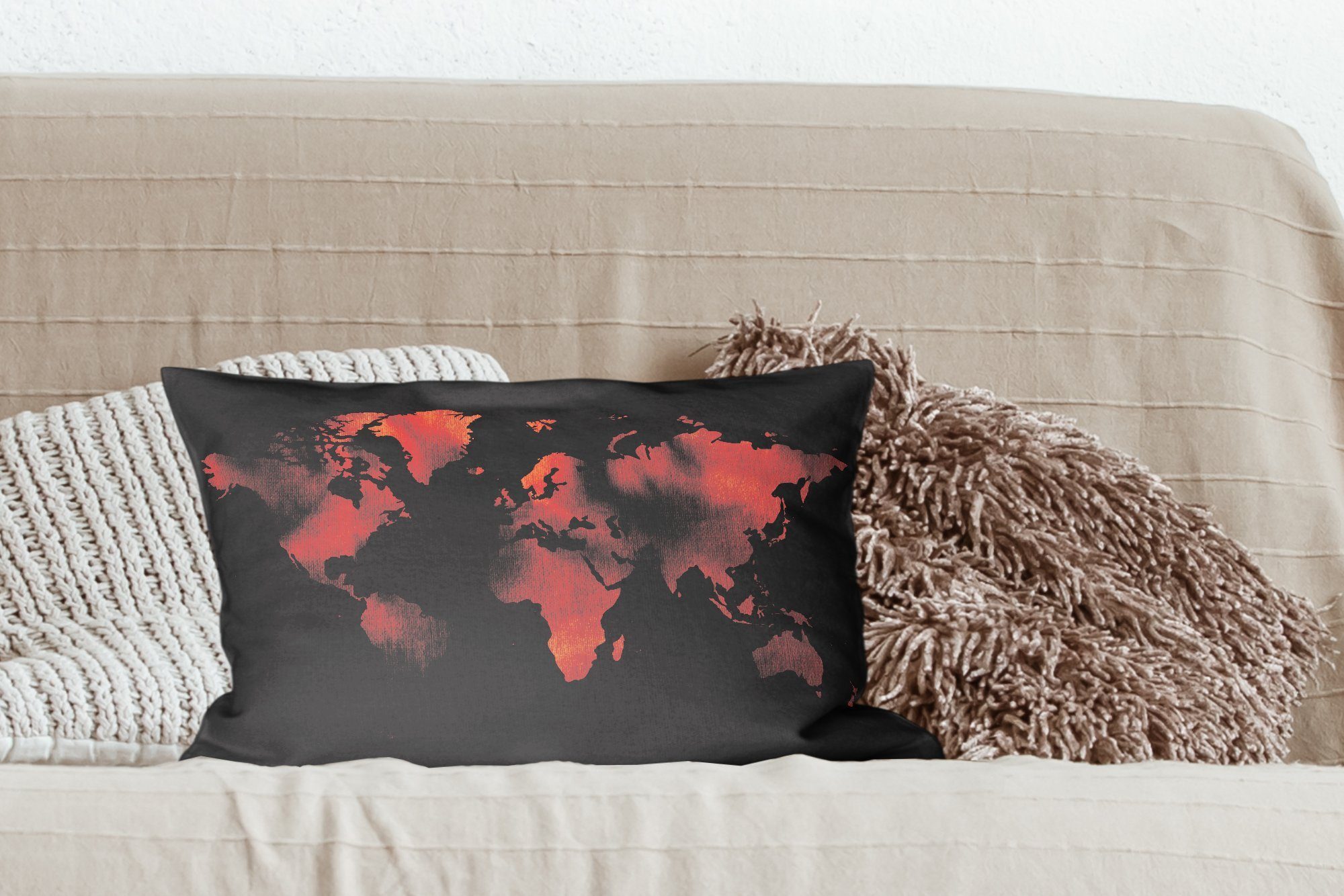 Schlafzimmer - MuchoWow Schwarz Rot, Dekoration, Zierkissen, - Dekokissen mit Wohzimmer Füllung, Weltkarte Dekokissen