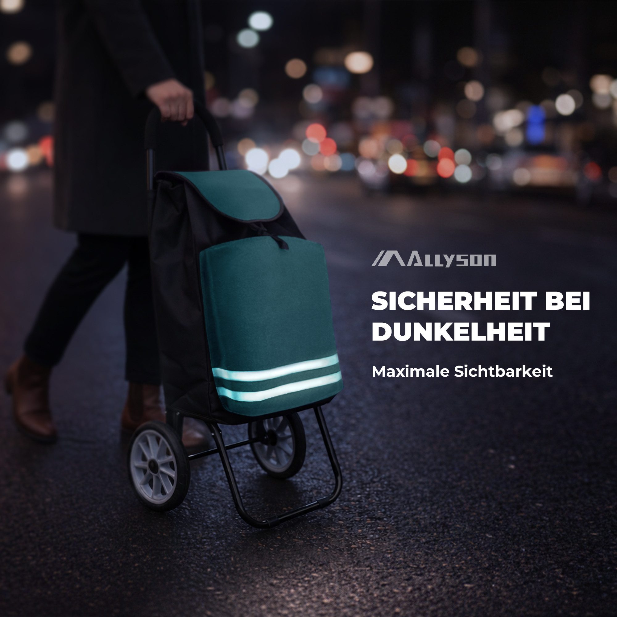 Allyson Einkaufstrolley Klappbarer Shopping Trolley & Einkaufswagen Treppensteiger, 45 l, 45L Volumen, Kühlfach, Reflektoren, Farbe: Grün, Aluminium-Gestell