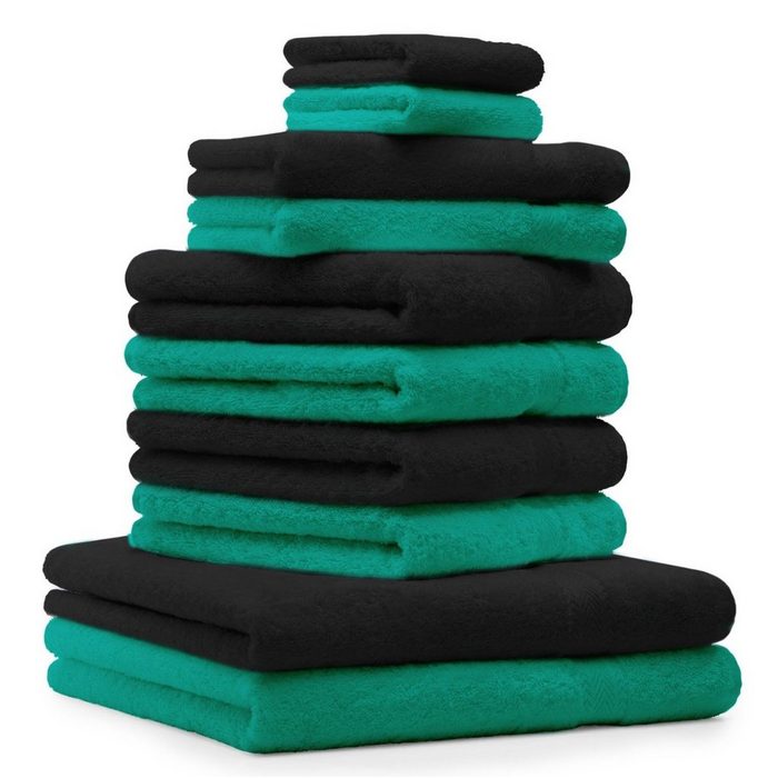 Betz Handtuch Set 10-TLG. Handtuch-Set Premium 100% Baumwolle 2 Duschtücher 4 Handtücher 2 Gästetücher 2 Waschhandschuhe Farbe Smaragd Grün & Schwarz 100% Baumwolle