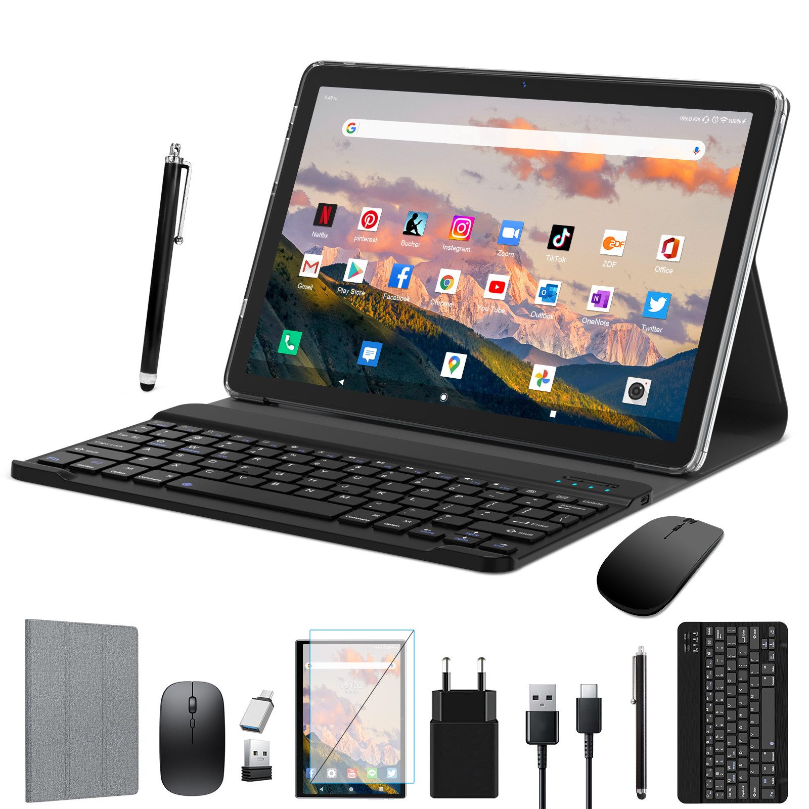 FEONAL 2-in-1-Tablet, Octa-Core 4GB RAM+128 GB ROM Tablet (10", 128 GB, Android 14, Tablet mit Tastatur, Maus, Stift, Hülle und Schutzfolie)