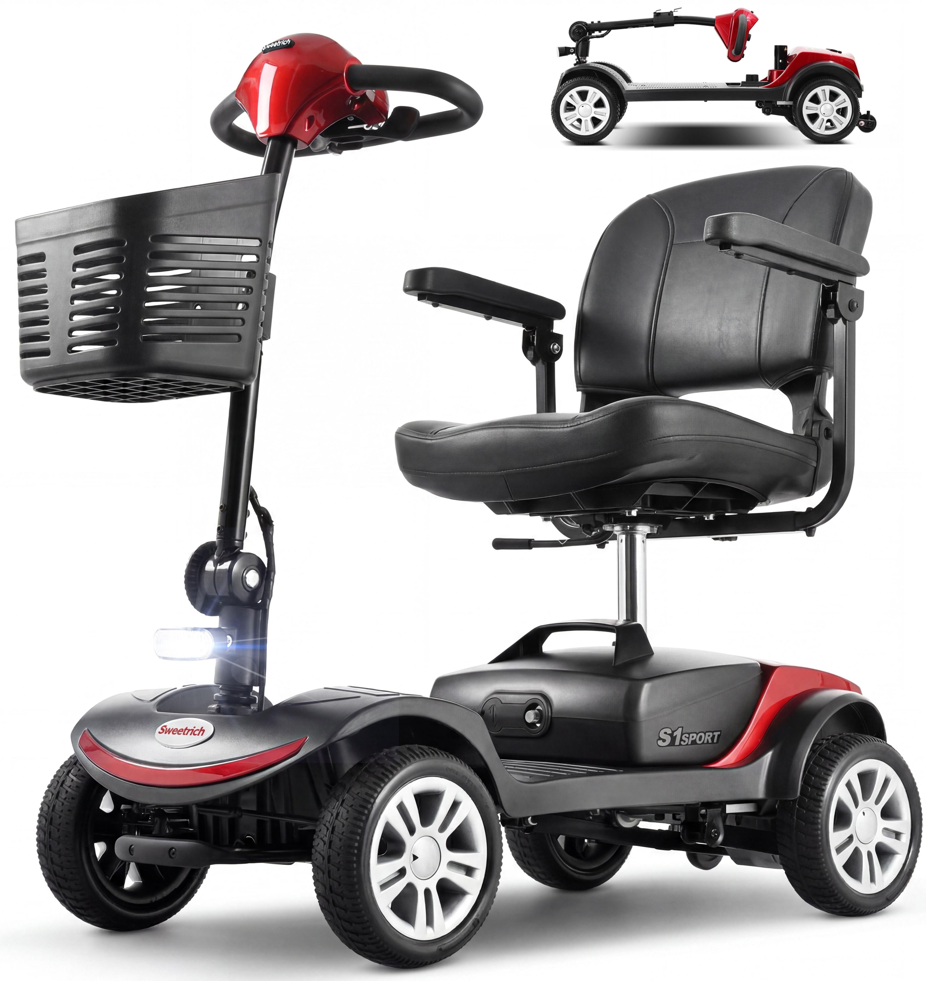 LVHOM Elektromobil faltbar Seniorenmobil, Hinter-Stoßdämpfer, 15-25 km,12Ah 4-Rad-Scooter, 300 W, 6 km/h, (136 kg Tr.Kr. mit 360° drehbarer verdickter Luxussitz + Korb + LCD-Display + verstellbare Armlehnen + E-Bremse, sensibles Anhalten, 14.5cm hohes Fah