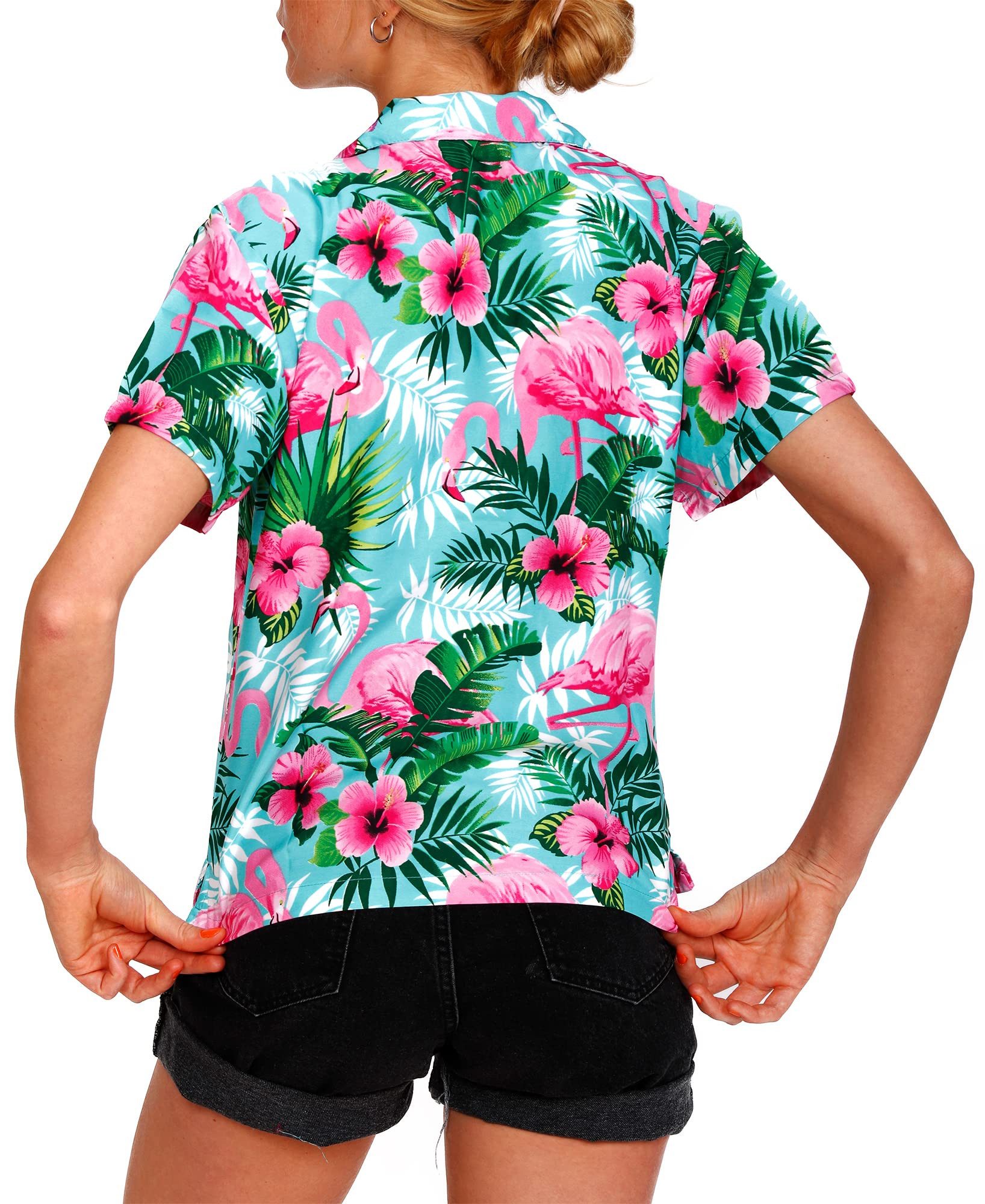 King Kameha Hawaiihemd Flamingo Flowers Funky Hawaiibluse Damen Kurzarm Front-Tasche Stylish