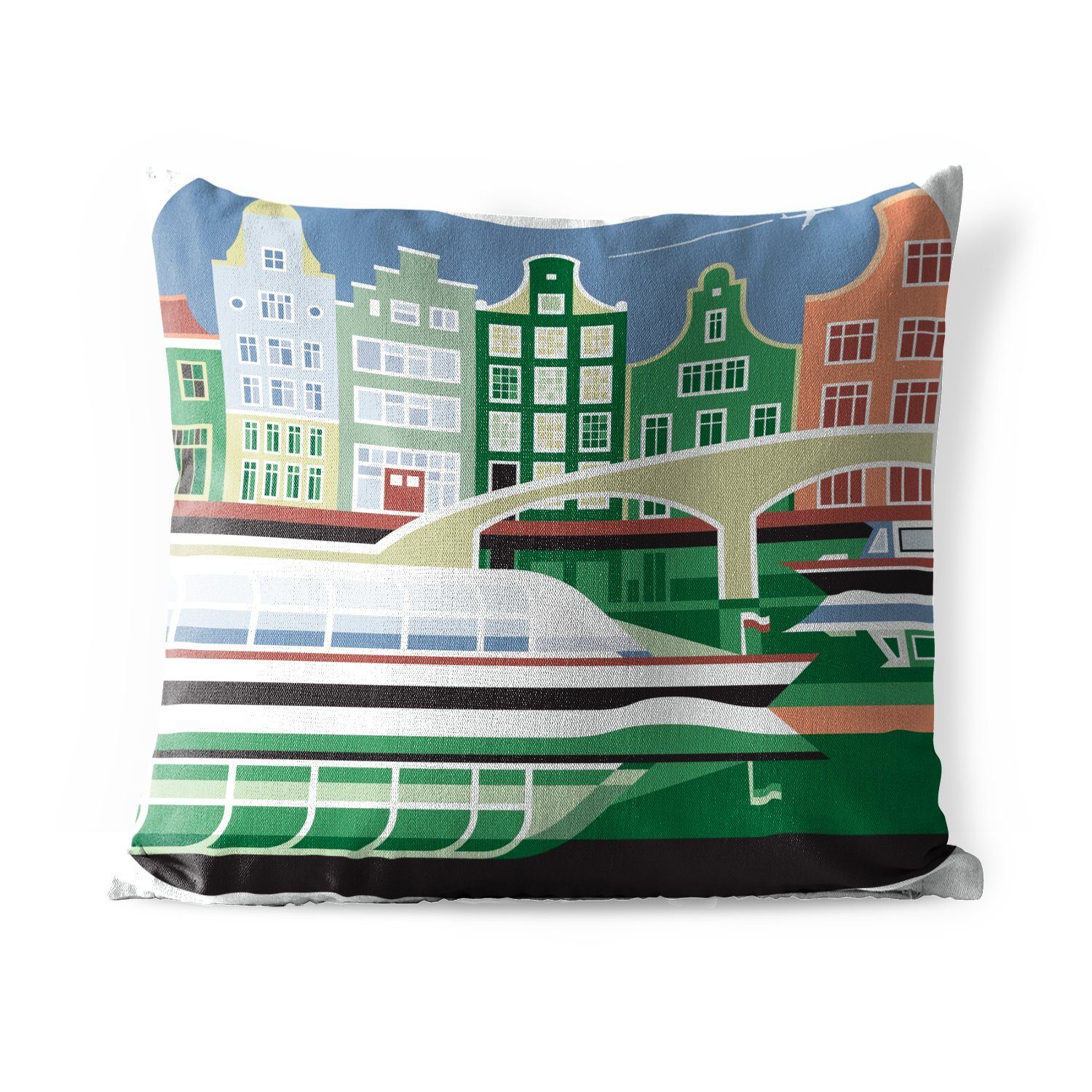 MuchoWow Dekokissen Illustration von Amsterdam mit grünen Schattierungen, Kissenbezüge, Kissenhülle, Dekokissen, Dekokissenbezug, Outdoor