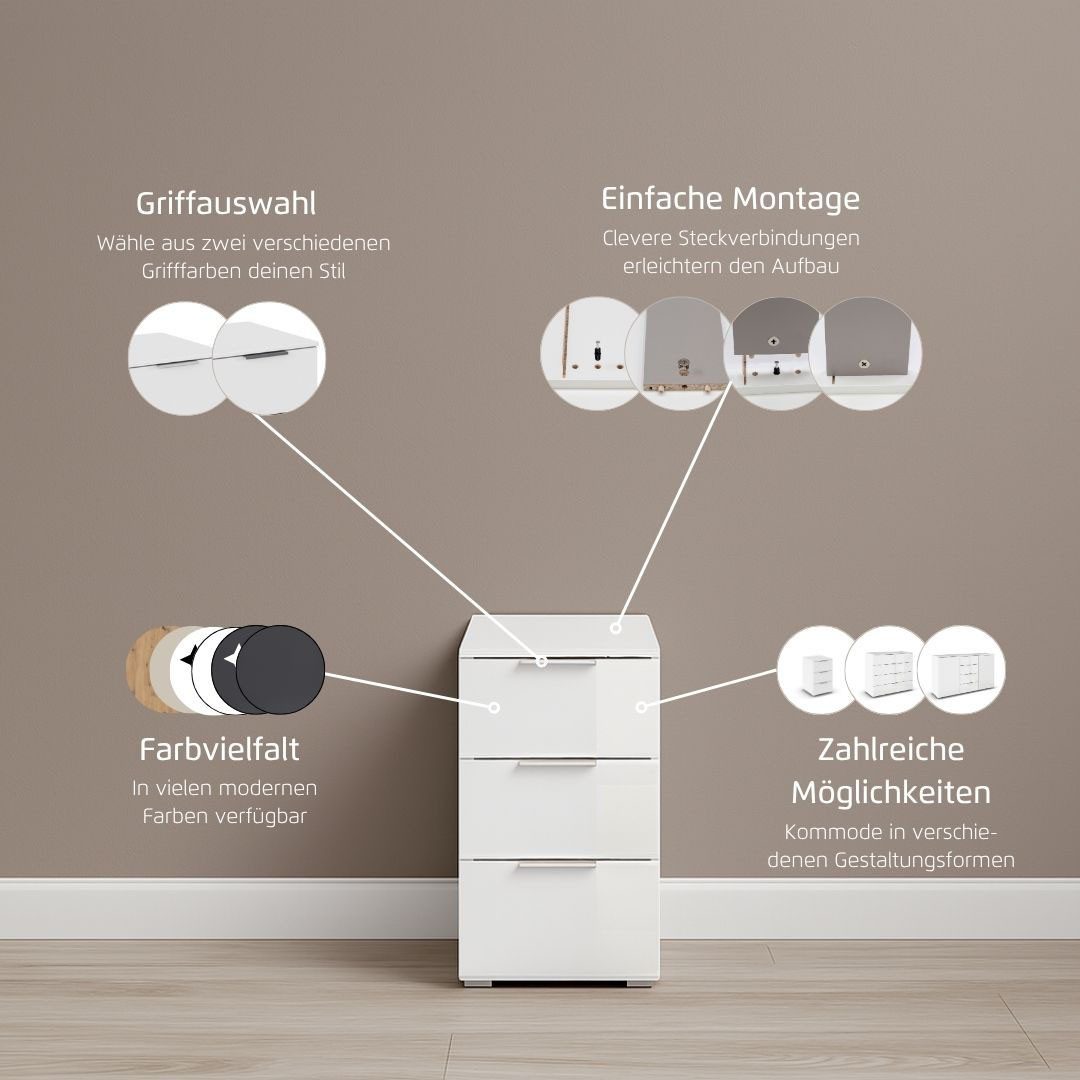 OTTO home Nachtkommode Nachttisch Nachtschrank Nachtkonsole AGORDO mit Glasfront (in zwei Griff-Farben, Breite 40 cm), mit 3 geräumigen Schubladen für viel Stau – Bild 4 von 5