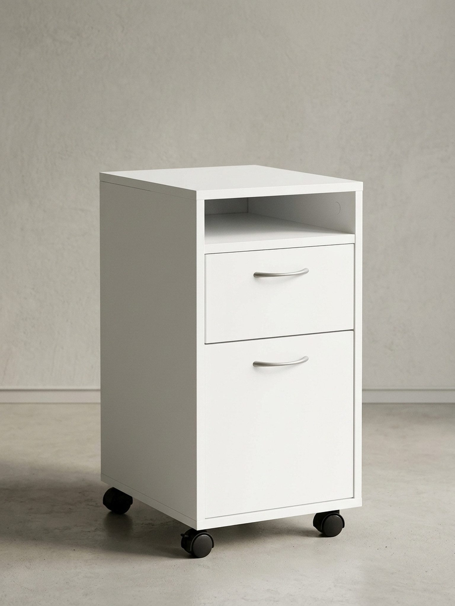 KADIMA DESIGN Rollcontainer Rollcontainer WL5.901 Weiß 33x63x38 cm Schreibtisch-Unterschrank, (Kleiner Schreibtischschrank mit Rollen), Holz, Roll-Kommode Modern, Bürocontainer Schubladenschrank mit Tür
