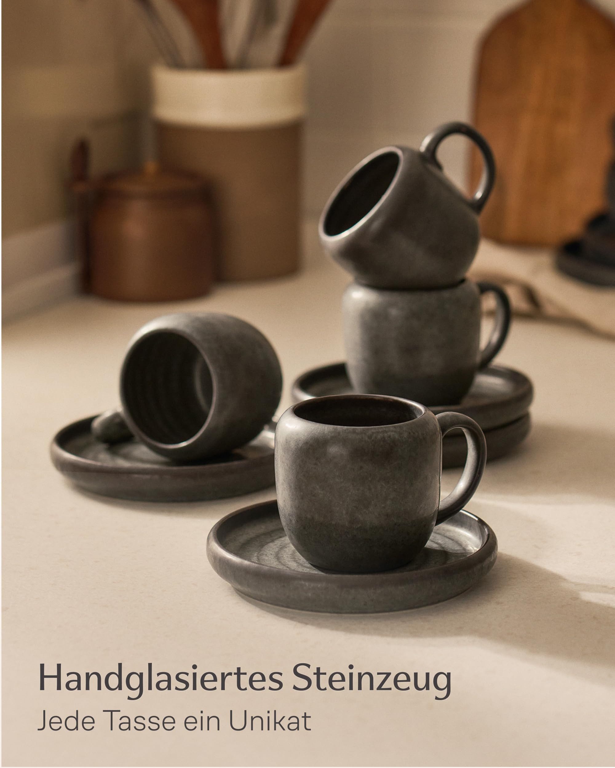 Cosumy Cappuccinotasse 4er Cappuccino Tassen Set mit Untertassen Weiß – 200 ml Keramik, 4-tlg., Steingut, Handglasiert, Spülmaschinenfest & Mikrowellengeeignet, 4er Set