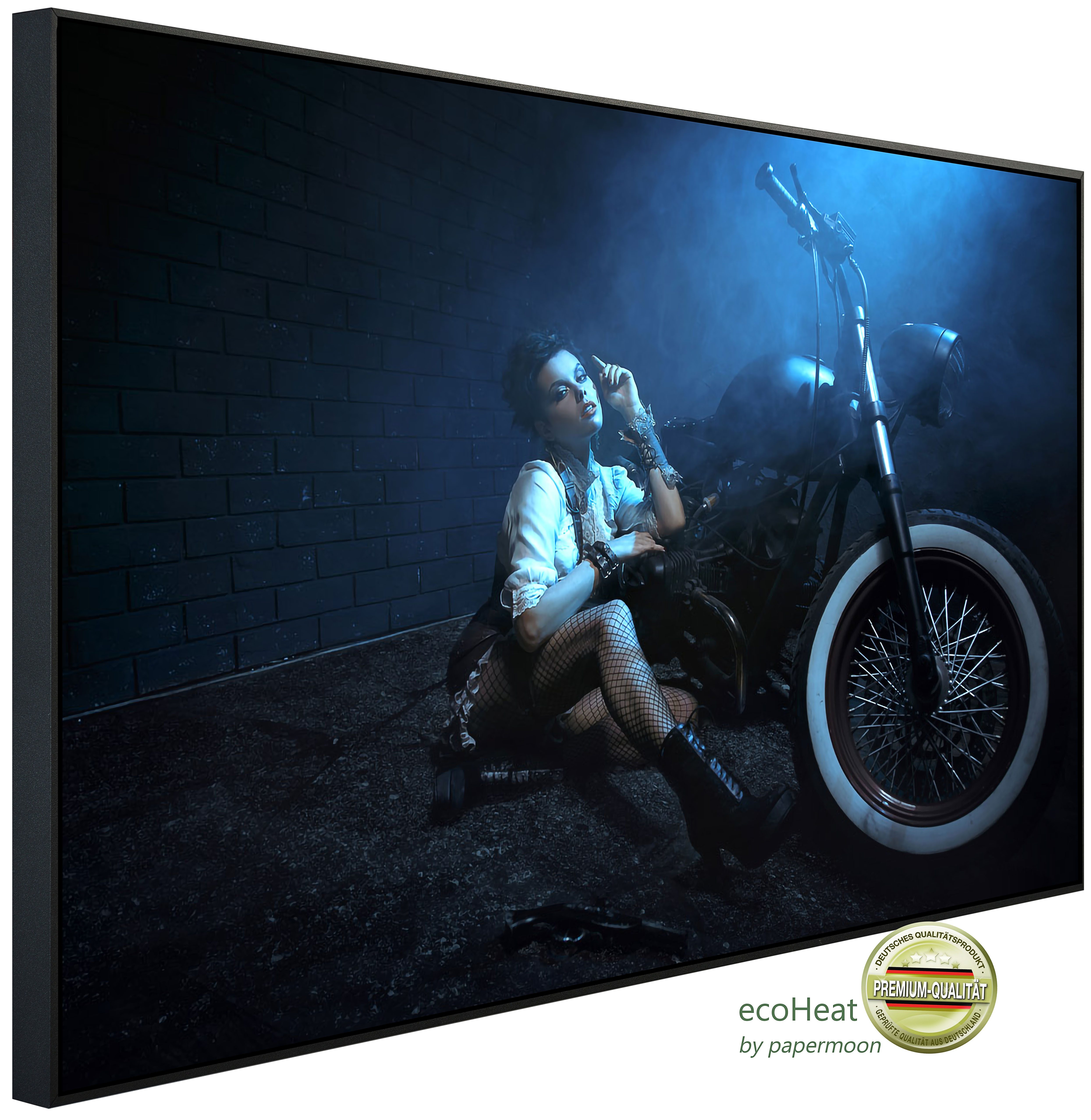 Papermoon Infrarotheizung INFRAROT-BILD-HEIZUNG, Frau mit Motorrad bei Nacht, TÜV-Rheinland/GS zertifiziert, angenehme Strahlungswärme