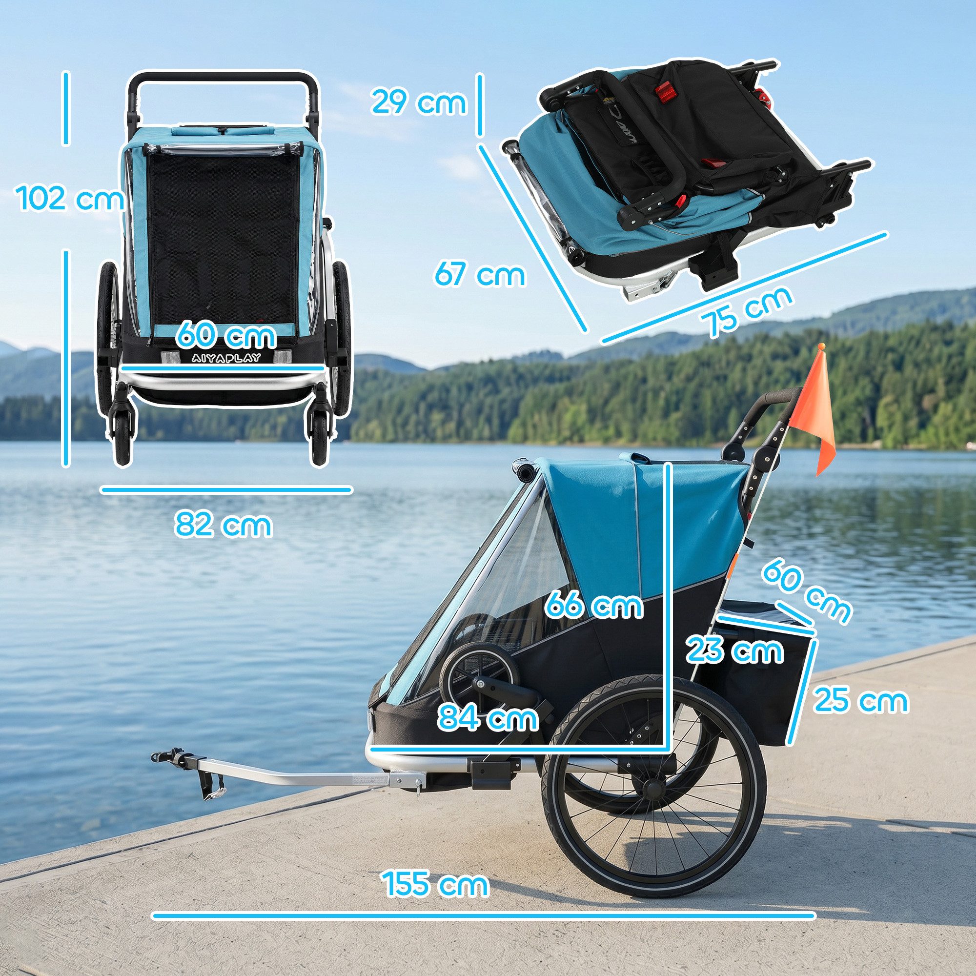 AIYAPLAY Fahrradkinderanhänger 2-Sitzer Faltbar Kinderfahrradanhänger, 2-in-1 klappbar, für 2 Kinder, Reflektoren