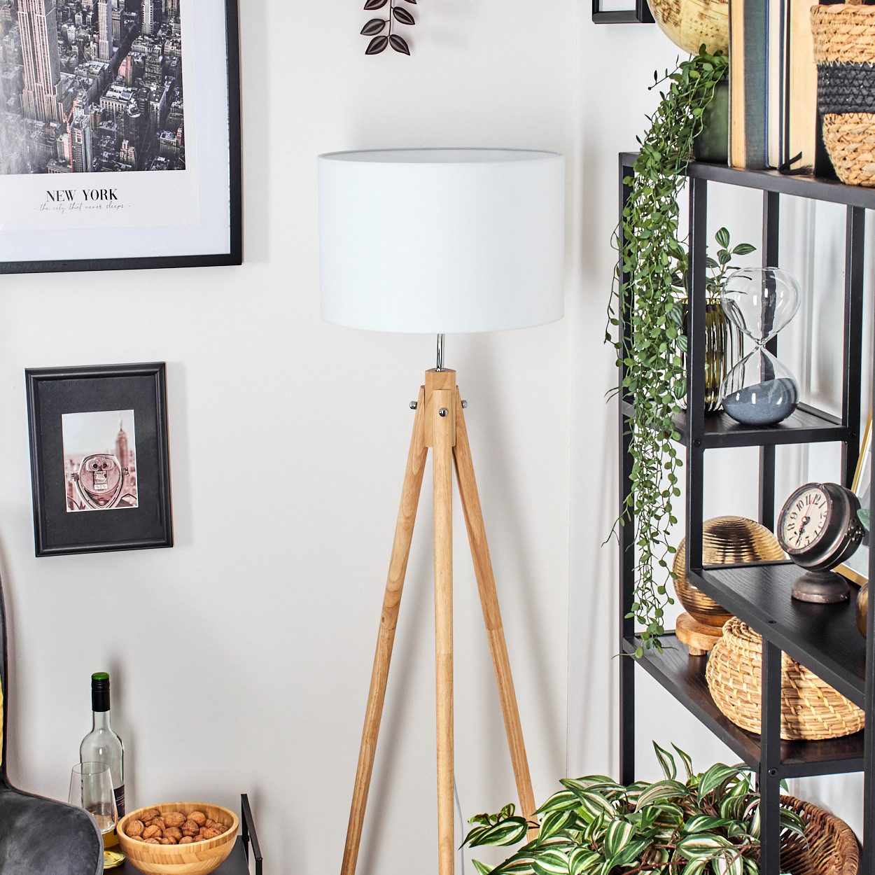 hofstein Stehlampe Stehlampe aus Holz/Metall im skandinavischen Design (38 cm), Stehleuchte im modernen Boho-Design mit Fußschalter, Höhe 151,5cm, E27