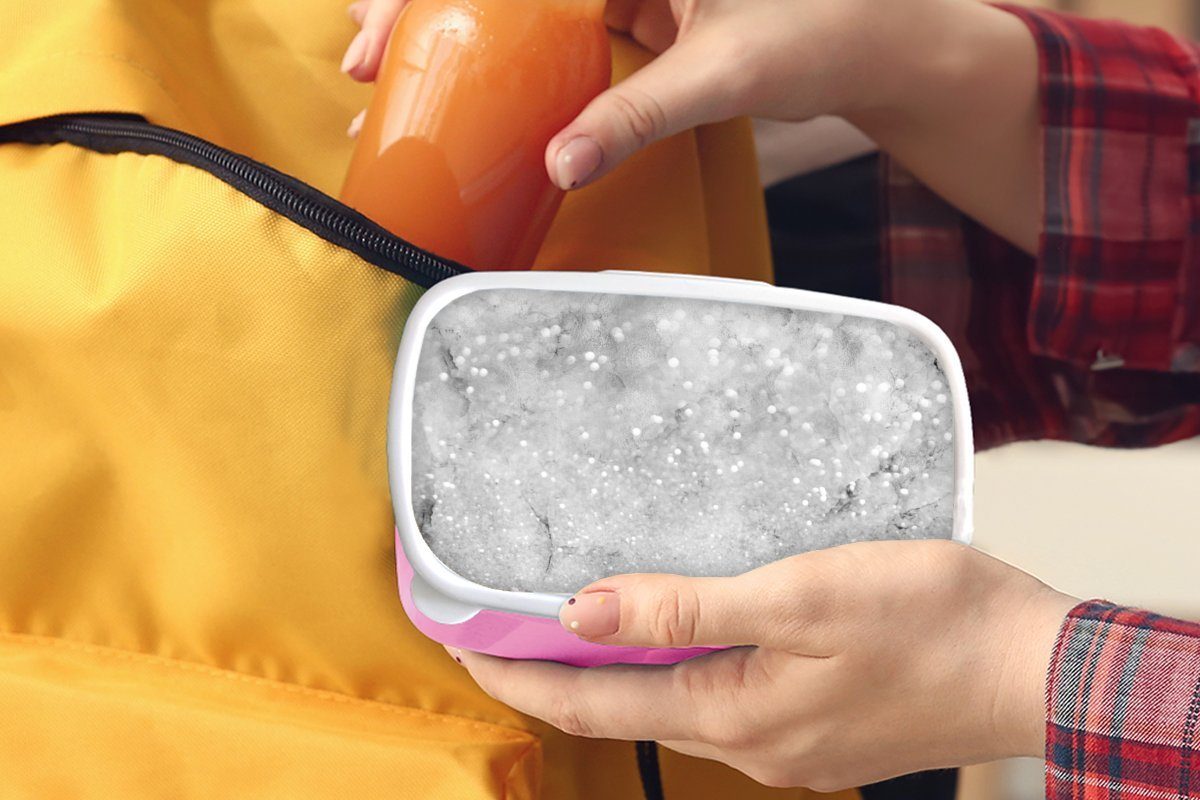 Grau, rosa Weiß für Marmor Brotbox - MuchoWow Kunststoff, - Kunststoff Brotdose - Lunchbox (2-tlg), Glitter Kinder, Snackbox, Erwachsene, Mädchen,