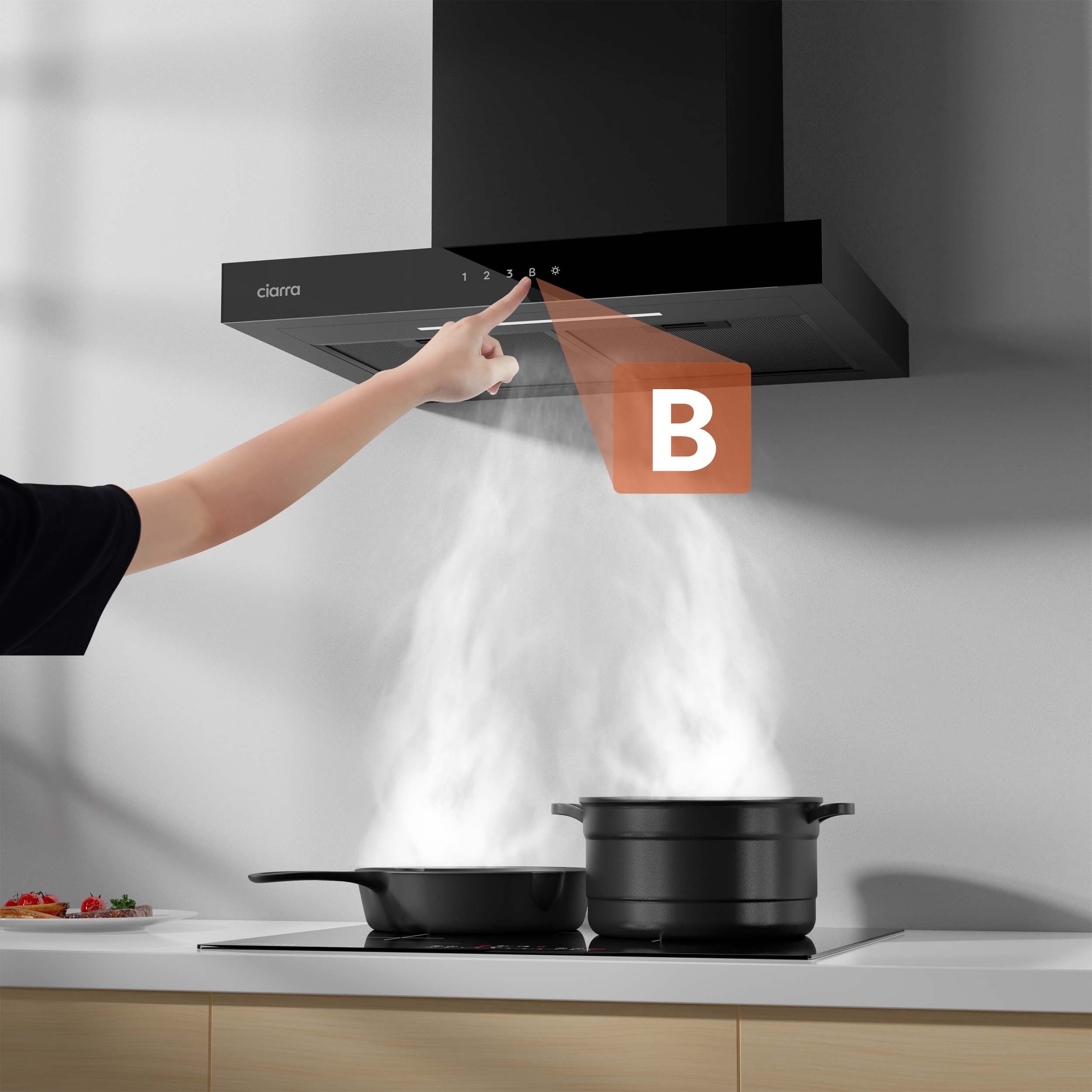 CIARRA Wandhaube 60 cm Dunstabzugshaube A+++ 650 m³/h Umluft & Abluft 4 Stufen CBCB6102 60 cm Dunstabzugshaube A+++ 650 m³/h Umluft & Abluft 4 Stufen CBCB6102, Kaminhaube leise WIFI-APP Touch Control Inkl. BOOST mit 2*Kohlefilter