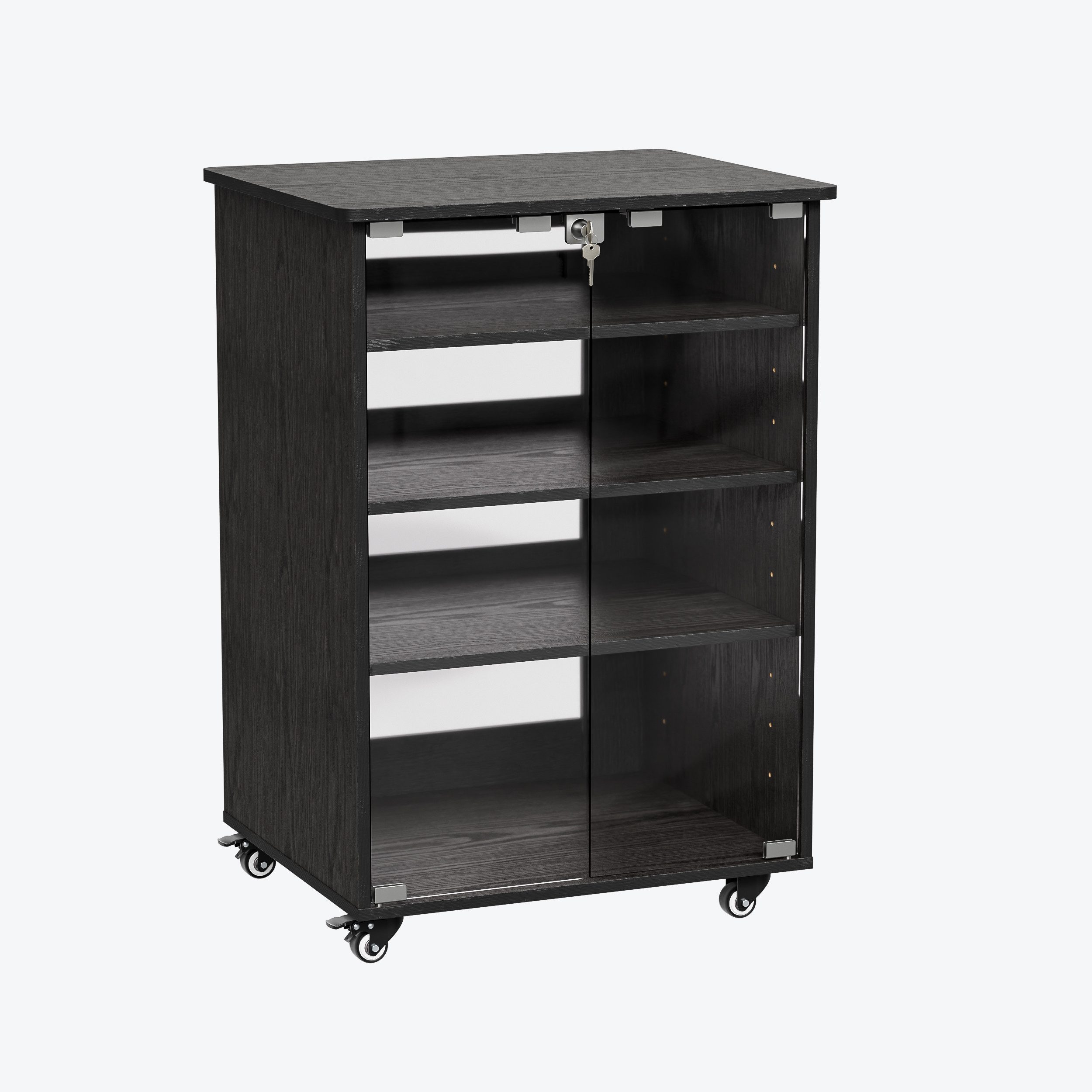 TWSOUL TV-Rack 5-stufiger Medienschrank mit Glastür & Rollen, Höhenverstellbar, stabile MDF-Konstruktion, bis 100 kg belastbar,64*52*92cm