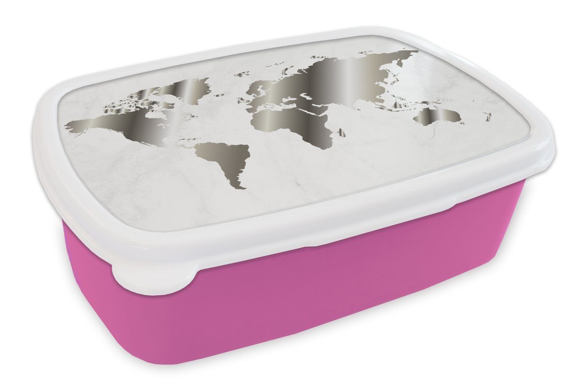 Kunststoff Brotdose Marmor, rosa weiß Erwachsene, (2-tlg), Snackbox, Lunchbox und Kinder, für Schwarz Mädchen, Weltkarte - MuchoWow Kunststoff, - Brotbox