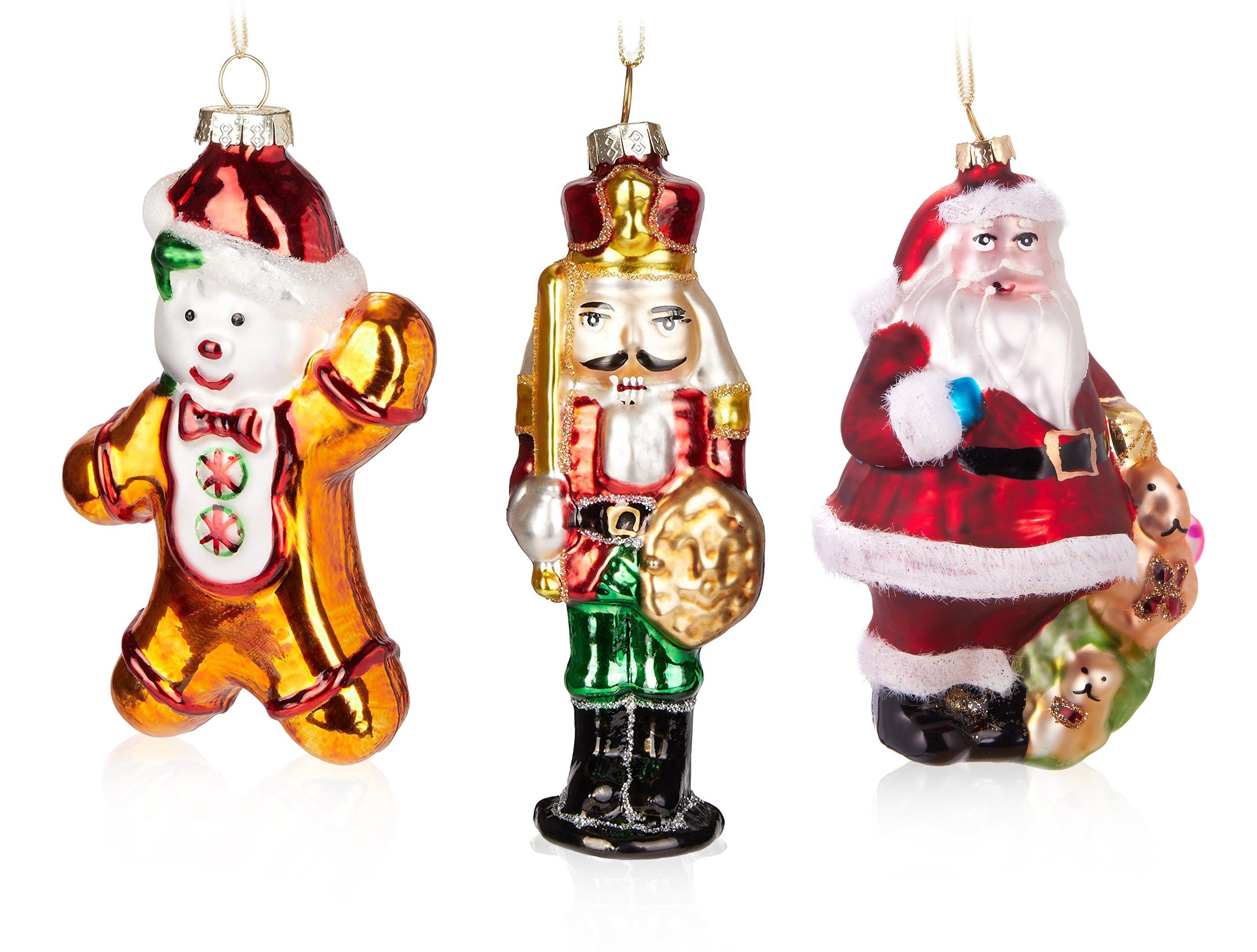 BRUBAKER Christbaumschmuck Baumkugel Set Weihnachten (3-tlg), Handbemalte Weihnachtskugeln Nussknacker Lebkuchenmann Weihnachtsmann