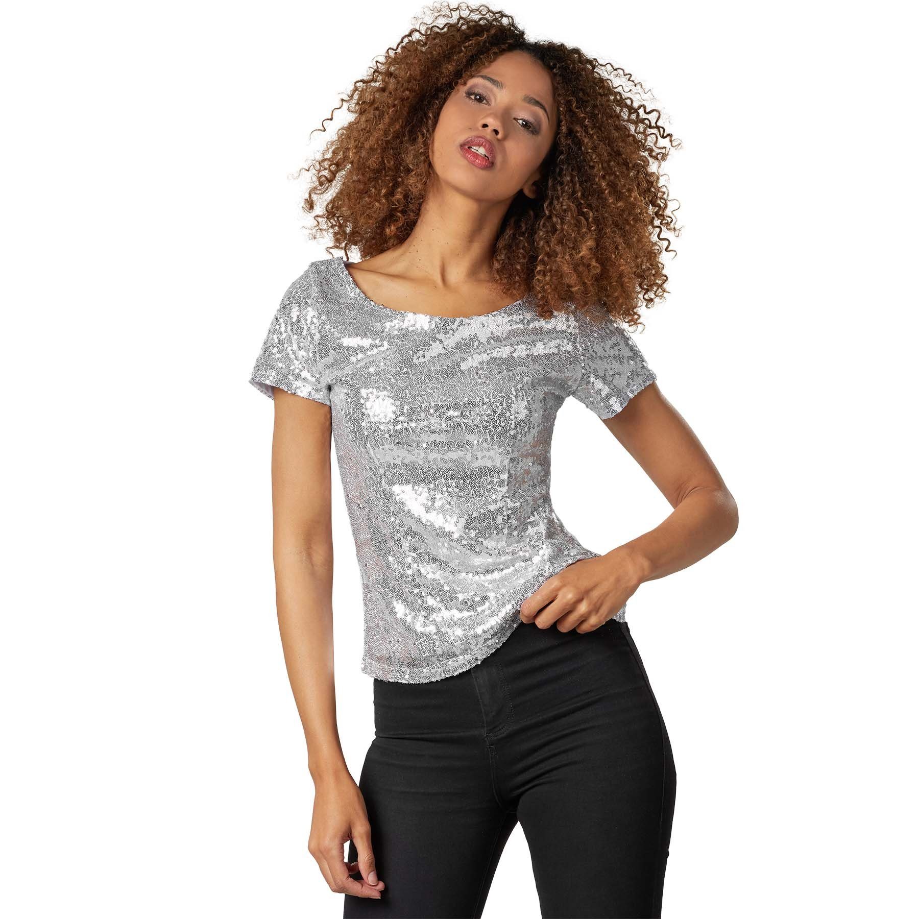 dressforfun T-Shirt Kurzarmtop, Damen-Shirt mit kurzen Ärmeln und Rundhalsausschnitt (Freizeitoberteil, Konfektionsgröße XL in silber) Vorn mit glänzenden Pailletten, Anschmiegsamer und dehnbarer Stoff