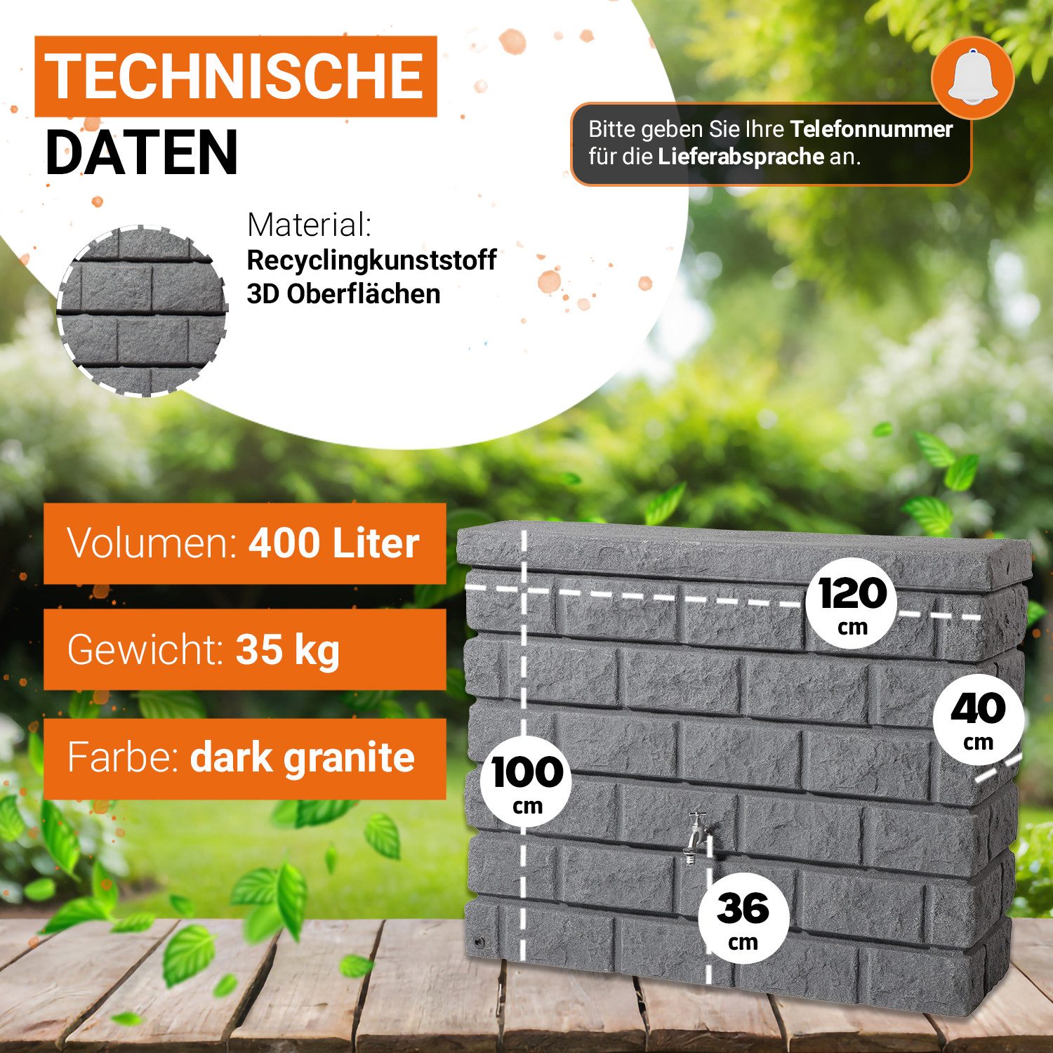 GARANTIA Regentonne ROCKY Wandtank 400 Liter dark granite, 400 l