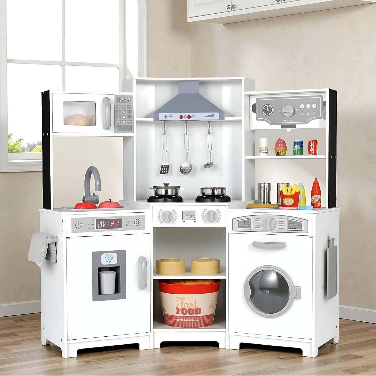 TLGREEN Kinder-Küchenset Kinderküche aus Holz mit Sound & Licht, (Spielküchen-Set mit Dunstabzugshaube, Waschmaschine, Herd & Mikrowelle, Lernküche für Kinder ab 2 Jahren), mit Zubehör, Spielzeugküche mit Stauraum