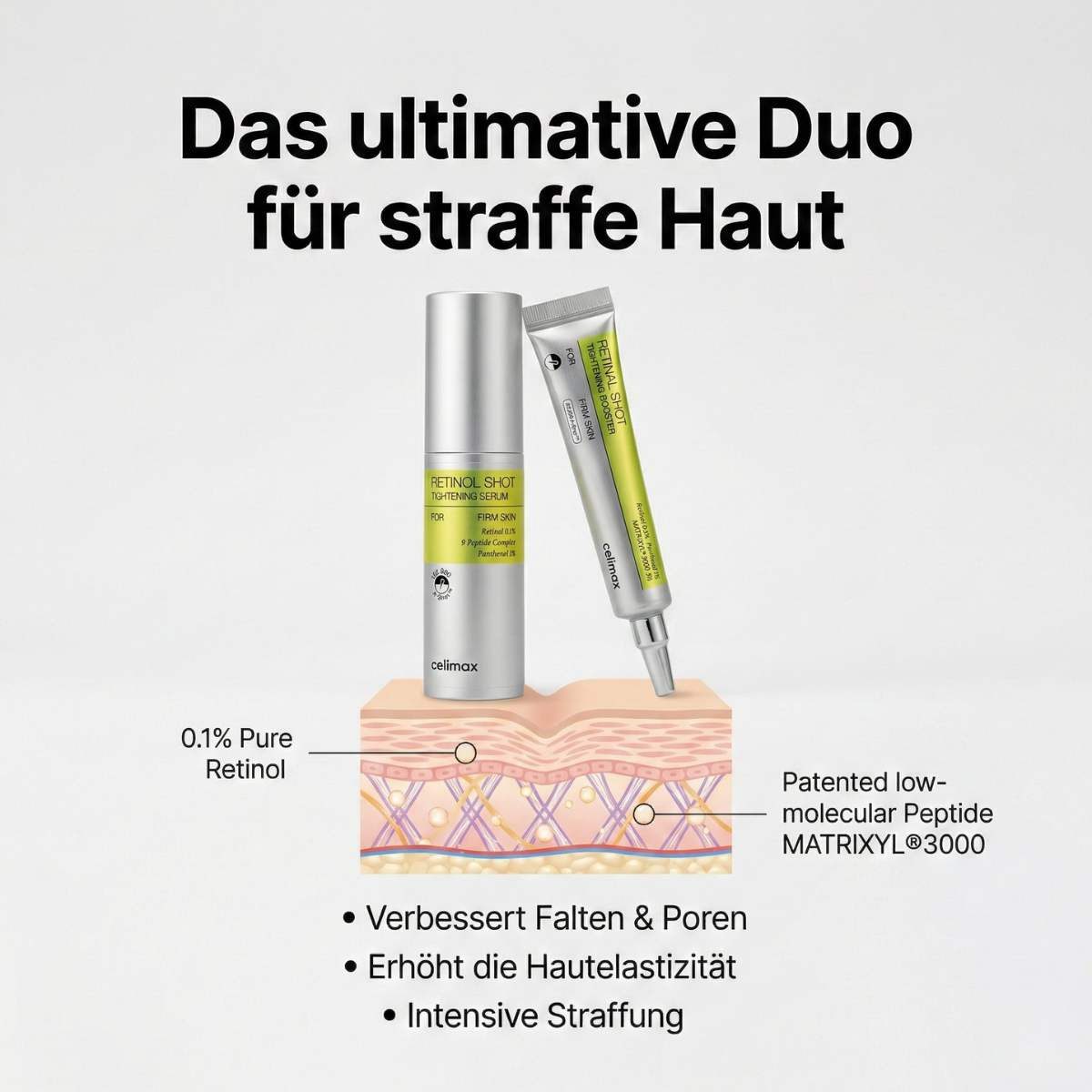 celimax Gesichtsserum Vita-A Retinol & Retinal Tightening Duo – Retinol Shot Tightening Serum 30 ml + Retinal Booster 15 ml – Vitamin A 2-Step Routine, gegen Falten, vergrößerte Poren & Elastizitätsverlust
