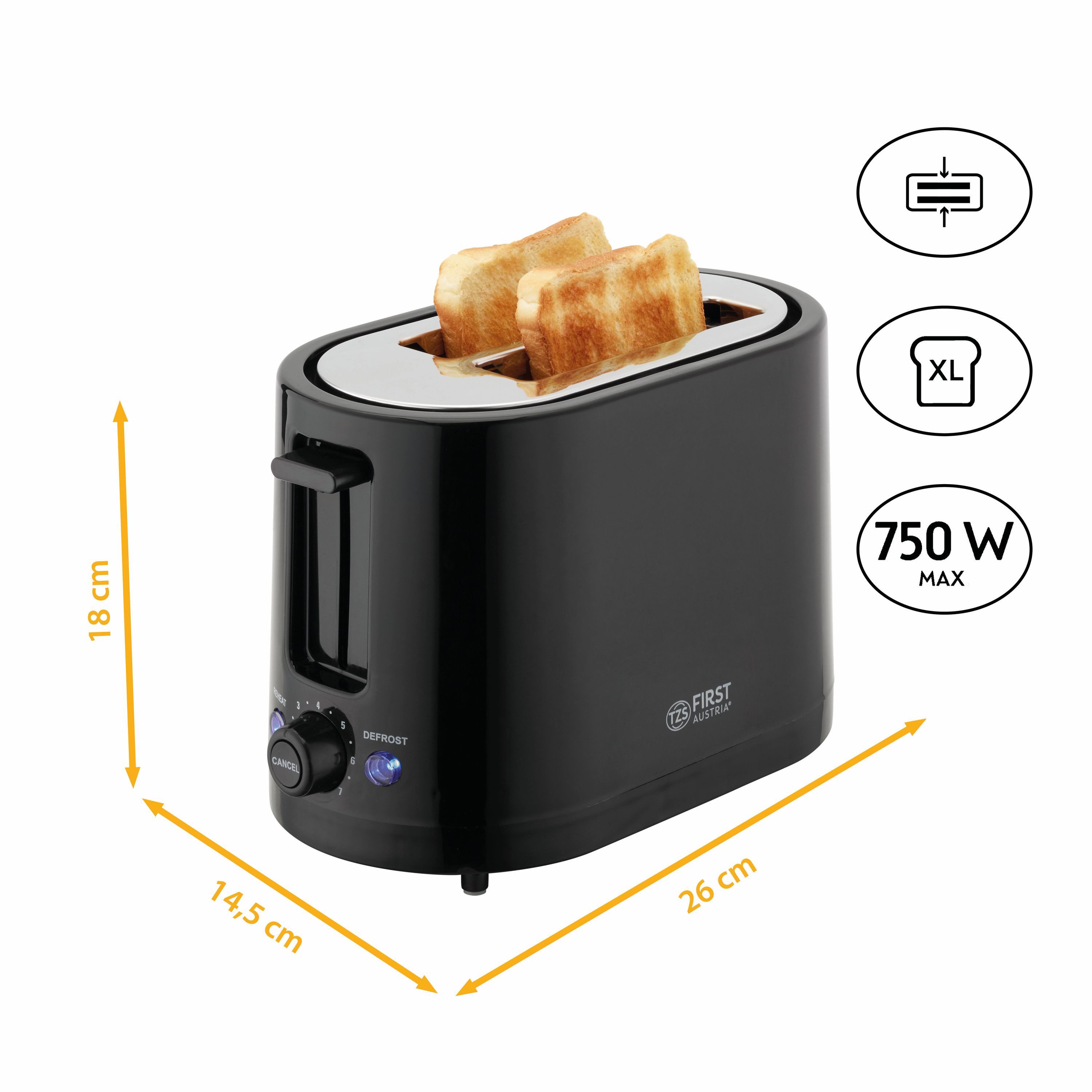 TZS FIRST AUSTRIA Toaster 750W, 2 Scheiben, 7 Stufen, schwarz, für 2 Scheiben, 0 W, Warmhalte- und Auftaufunktion, inkl. Krümelschale
