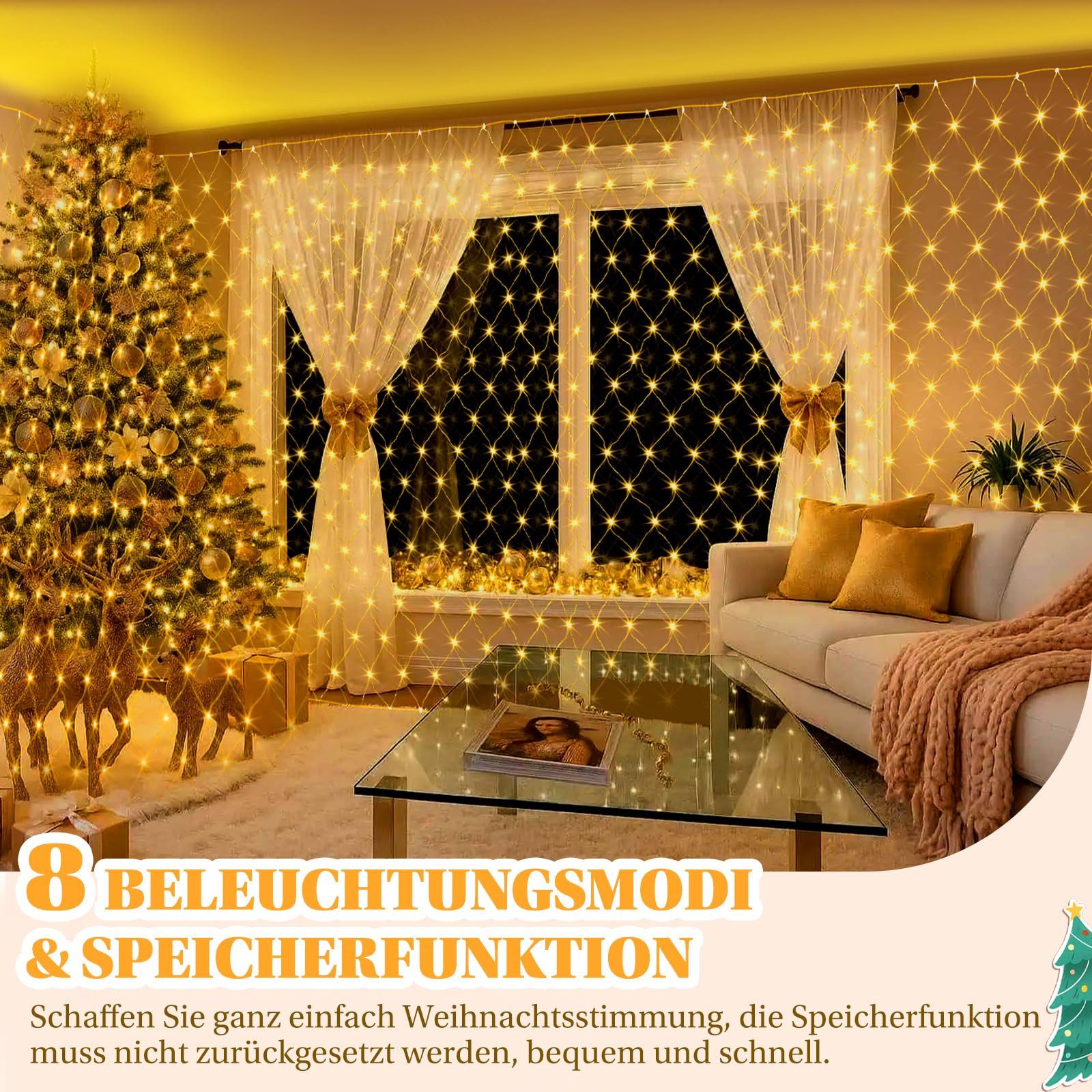 MERRY 2026 LED-Lichternetz mit 8 Modi,31V Sichere LED Lichterkette Netz für Weihnachtsdeko, 1.5x1.5 M 96 LEDs, Lichtnetz für Büsche Garten Balkon Fenster