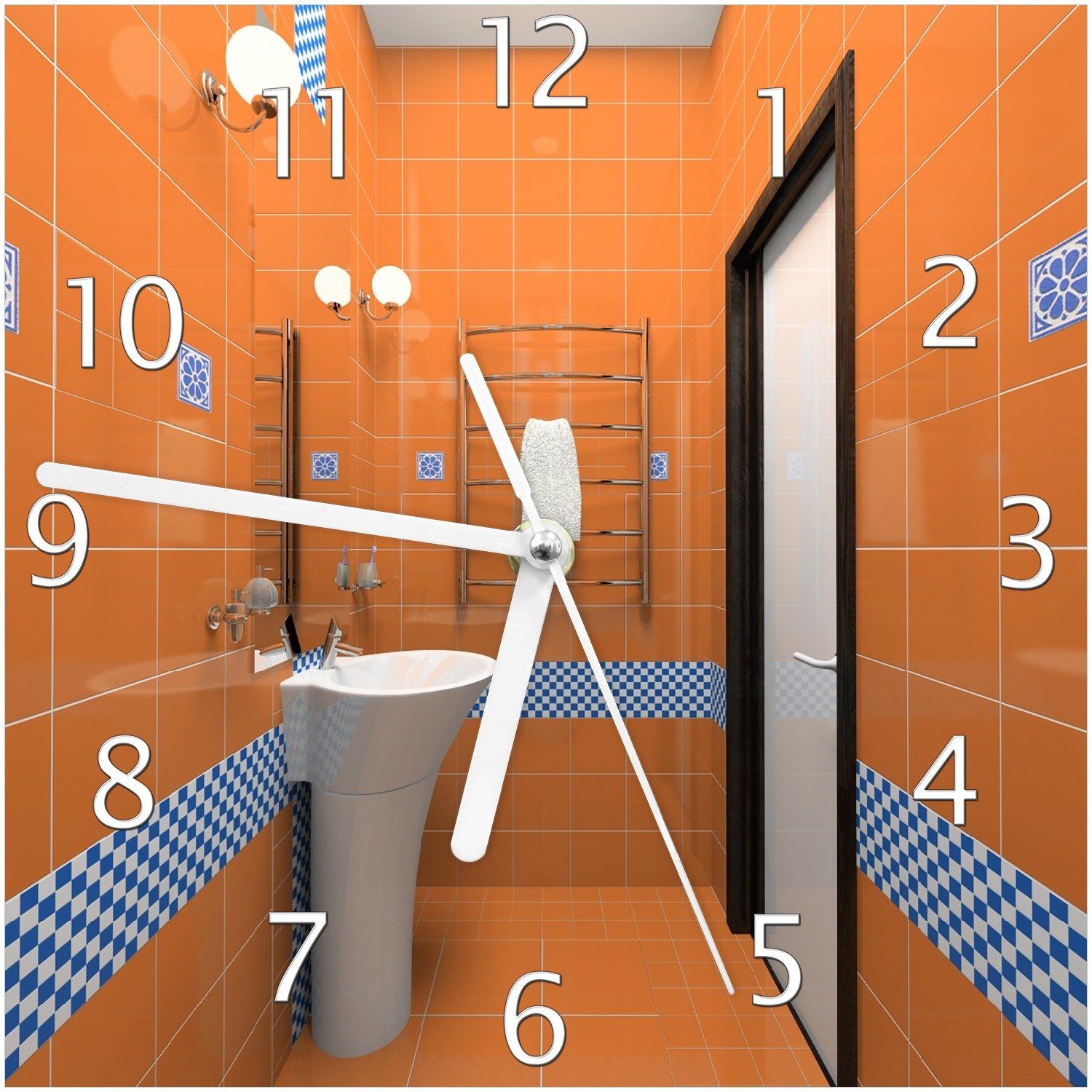 Wallario Wanduhr Modernes Badezimmer in orange mit blauen Fliesen (Uhr aus  Acryl)