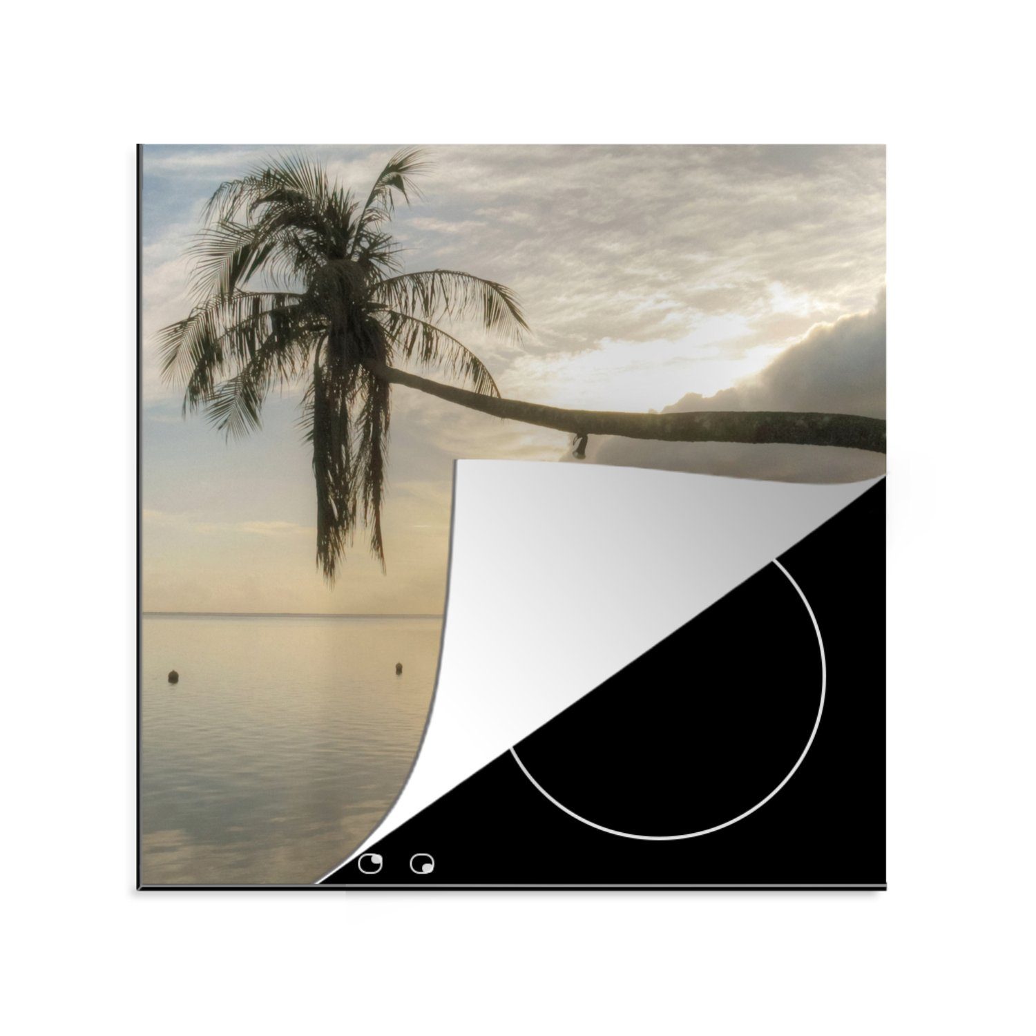 küche 78x78 Überhängende Strand MuchoWow Vinyl, am Arbeitsplatte (1 tlg), Ceranfeldabdeckung, Mo'orea, für von Palme cm, Herdblende-/Abdeckplatte
