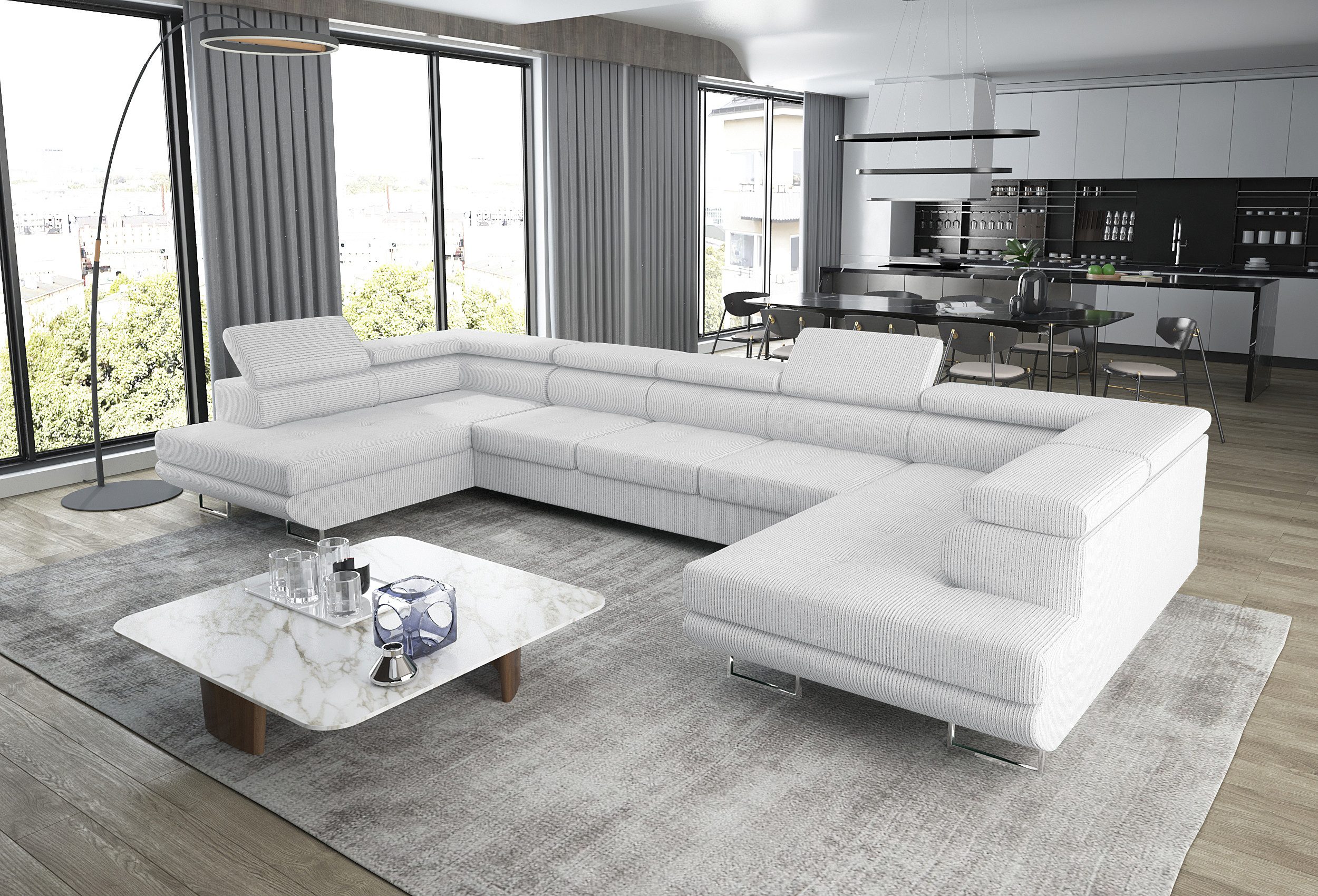 thematys Ecksofa Aston U 403 x 203cm mit Schlaffunktion & Bettkasten –, U-Sofa mit verstellbaren Kopfstützen, Samt (Monolotith), oder Cord (Poso), - U-Form, XL-Wohnlandschaft, 390 cm breit
