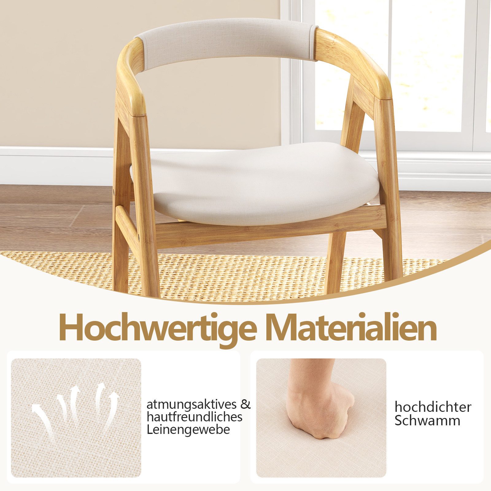 COSTWAY Esszimmerstuhl Küchenstuhl (2 St), mit Lehne, gepolstert, Bambus, 150kg – Bild 4 von 5