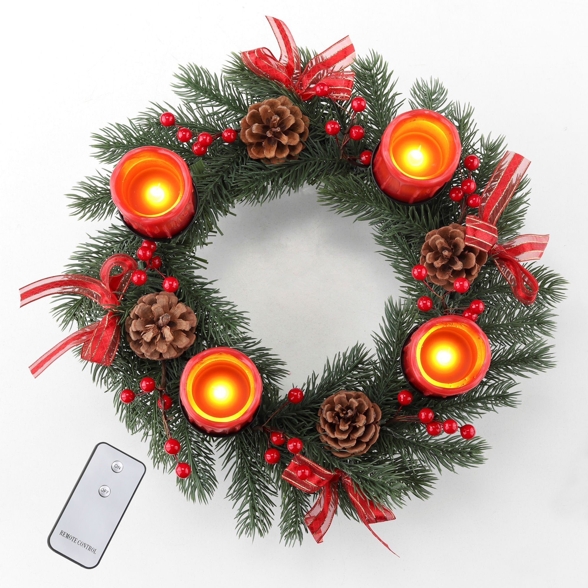 Spetebo Adventskranz Deko Adventskranz mit 4 LED Kerzen Ø 30 cm, Künstlicher Adventskranz mit 4 Kerzen und einer Fernbedienung