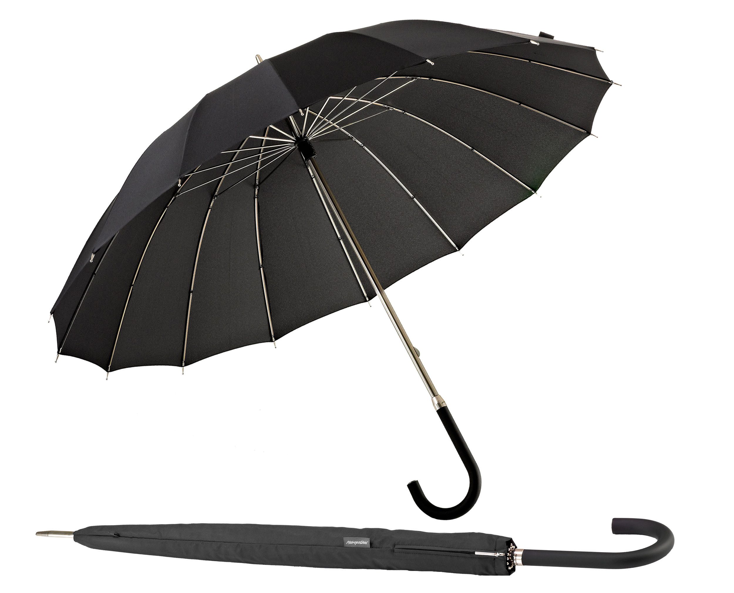 EuroSCHIRM® Stockregenschirm Metropolitan®, schwarz, mit 16 Segmenten und eleganter Dachwölbung