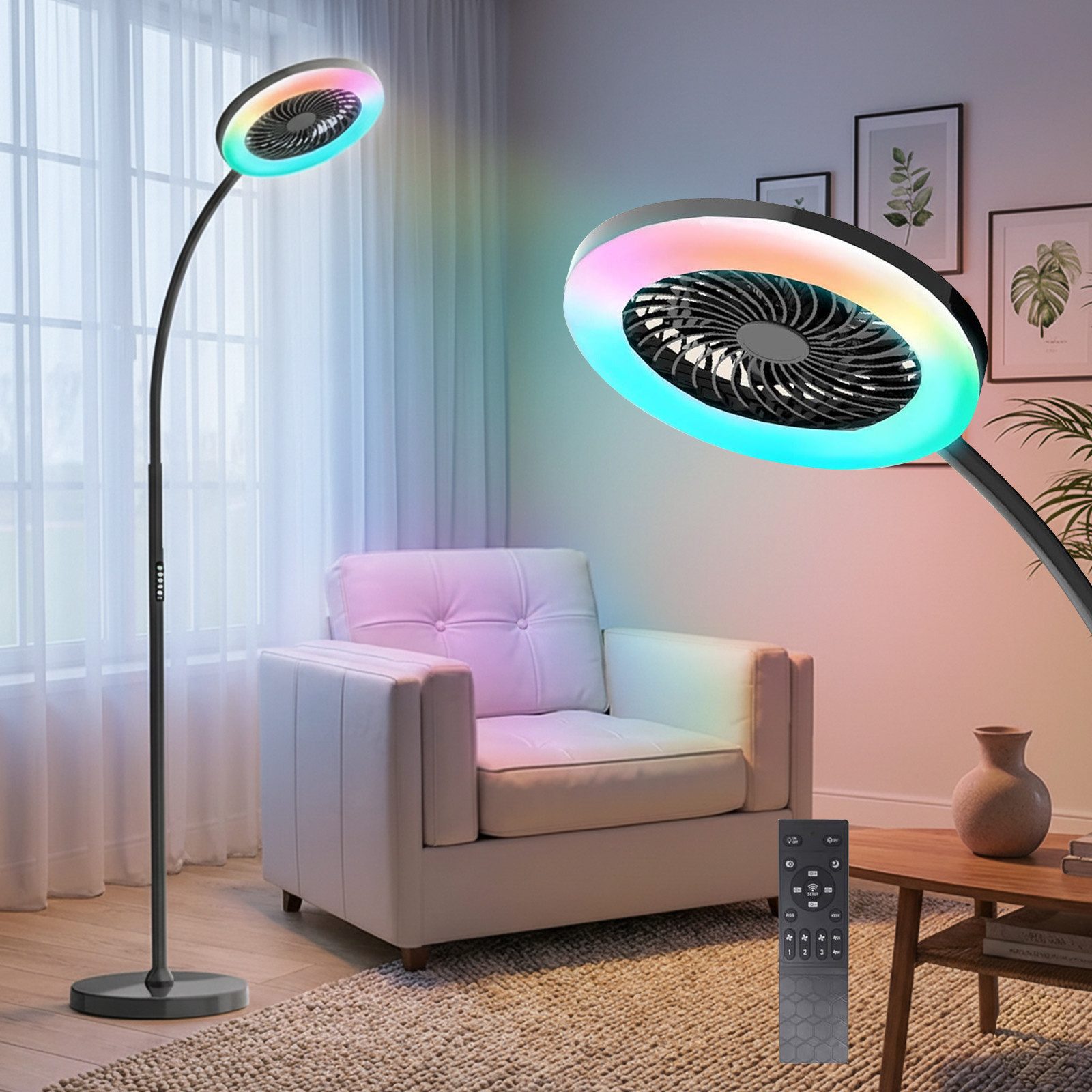 Sunicol Standventilator Dimmbare RGB Stehlampe mit Ventilator, 3 Windgeschwindigkeiten, mit Fernbedienung, Flexibler Schwanenhals, 3000K-6500K