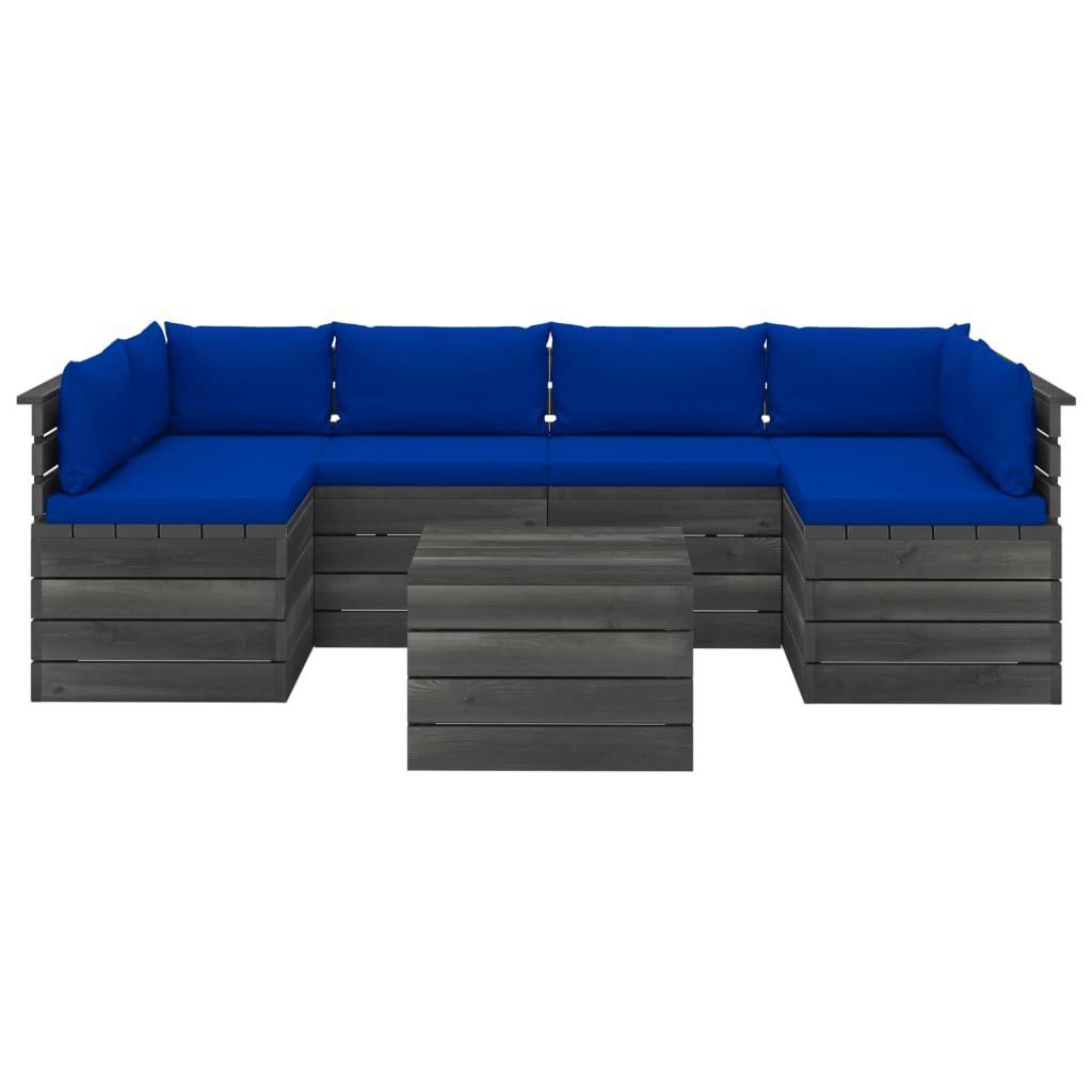 vidaXL Gartenlounge-Set Kissen mit Blau aus (7-tlg) Paletten 7-tlg. Kiefernholz, Garten-Sofagarnitur