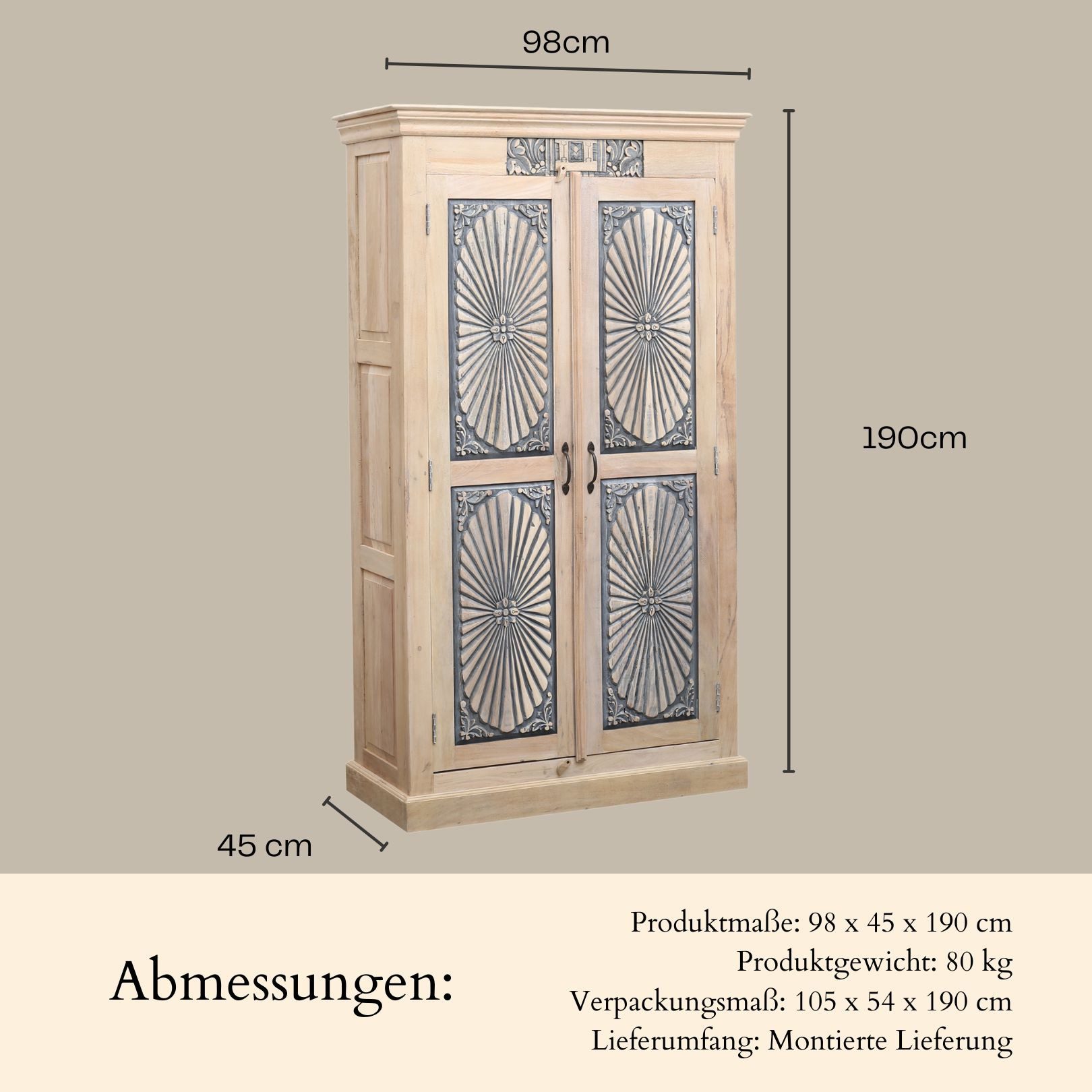 Marrakesch Orient & Mediterran Interior Highboard Kleiderschrank Abeni handgefertigt aus Teakholz Möbel massiv 190 cm (1 St), Handarbeit