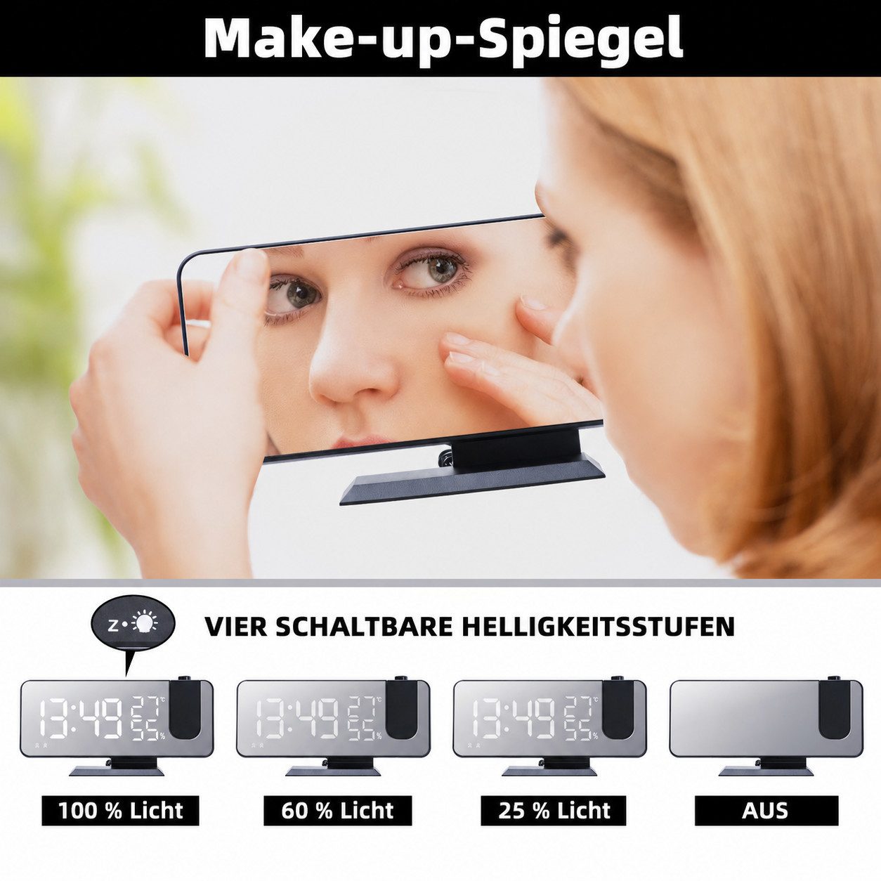Tekoo Radiowecker Projektionswecker mit FM-Radio, Thermometer & USB Automatischer Lichtsensor, Zwei separate Alarme, Schlaf-Timer
