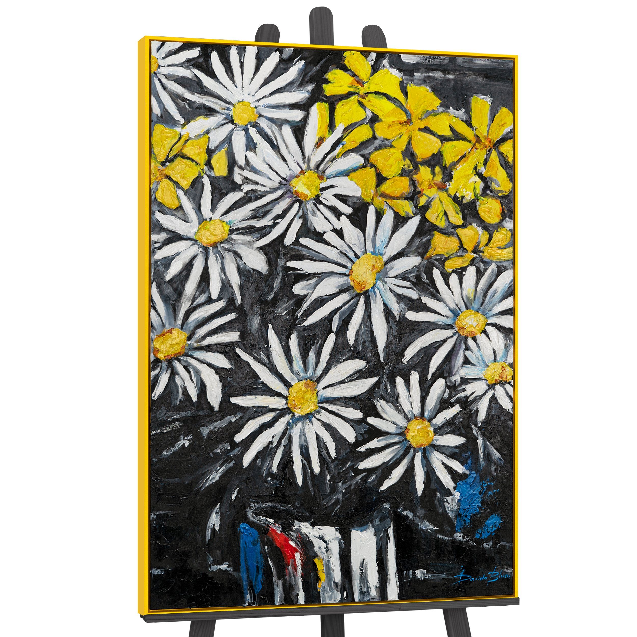 YS-Art Gemälde Schneeweiße Margeriten, Blumen, Weiß, gelbes Blumenmotiv in der Vase Leinwandbild gerahmt