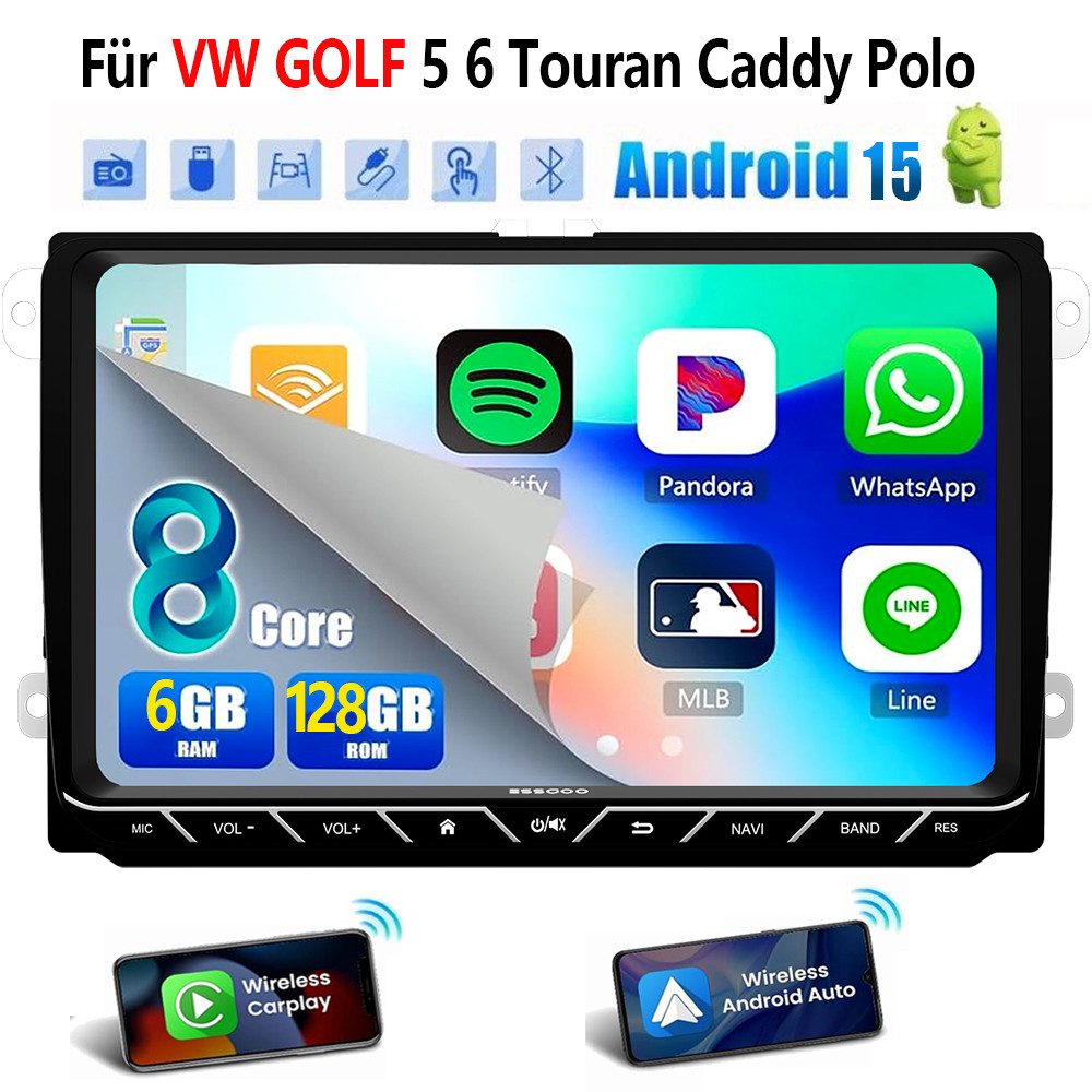 ESSGOO DAB+ Android15 6+128G Carplay GPS 4G Für VW GOLF 5 6 Touran Caddy Polo Autoradio (6GB+128GB, RDS, 4G LTE, FM, AM, DAB+ (optional), Carplay Android Auto Bluetooth EQ USB GPS Navi WIFI Touchscreen)