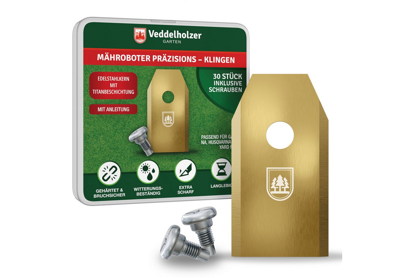 Veddelholzer Rasenmähermesser 30 Mähroboter Klingen aus Edelstahl mit Titan beschichtet Ersatzmesser (30-St., kompatibel mit Gardena, Husqvarna, Yardforce uvm), Inklusive Schrauben alles in einem Set