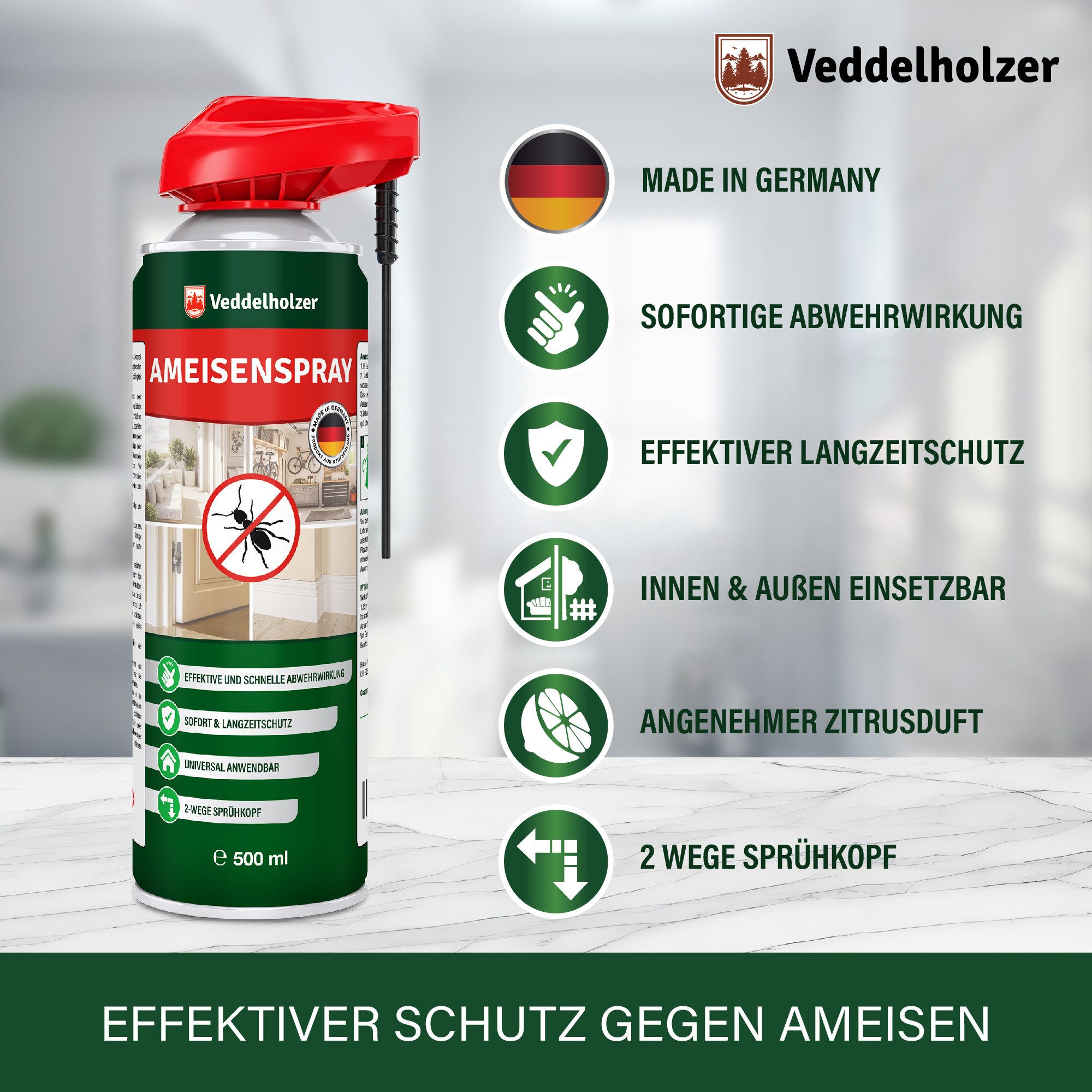 Veddelholzer Insektenspray 500 ml Ameisenspray Effektives Ameisenspray mit Sofortwirkung, gegen Ameisen im Haus, Garten & auf der Terrasse