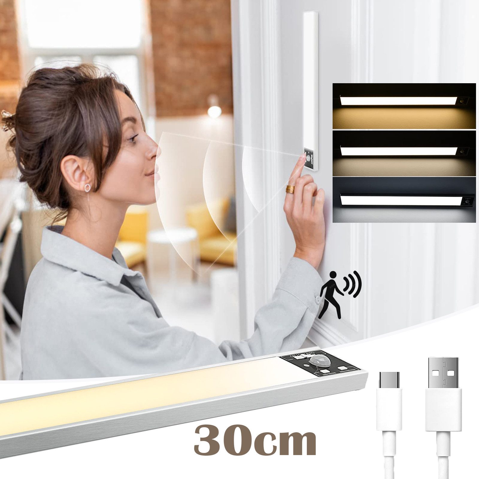 MUPOO LED Lichtleiste LED Nachtlicht LED Unterbauleuchte 78/120/172 LEDs, USB-Betrieben, 30 CM/120 LEDs/326LM, LED fest integriert, Magnetisch,Kabellos, mit bewegungsmelder,Kaltweiß, Warmweiß, Naturweiß