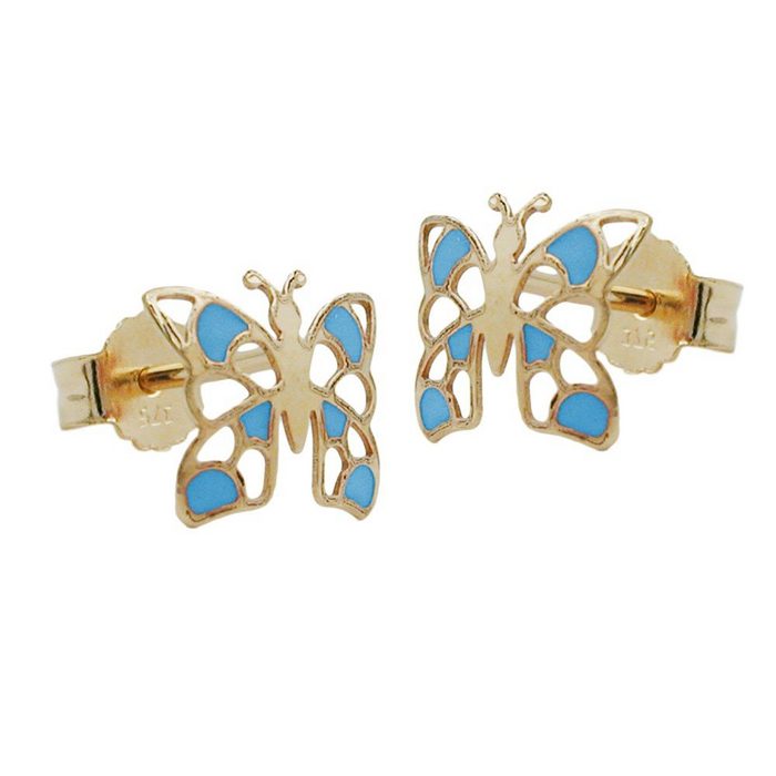 Schmuck Krone Paar Ohrstecker Ohrstecker Ohrringe Schmetterling blau lackiert 375 Gold Gelbgold Kinder