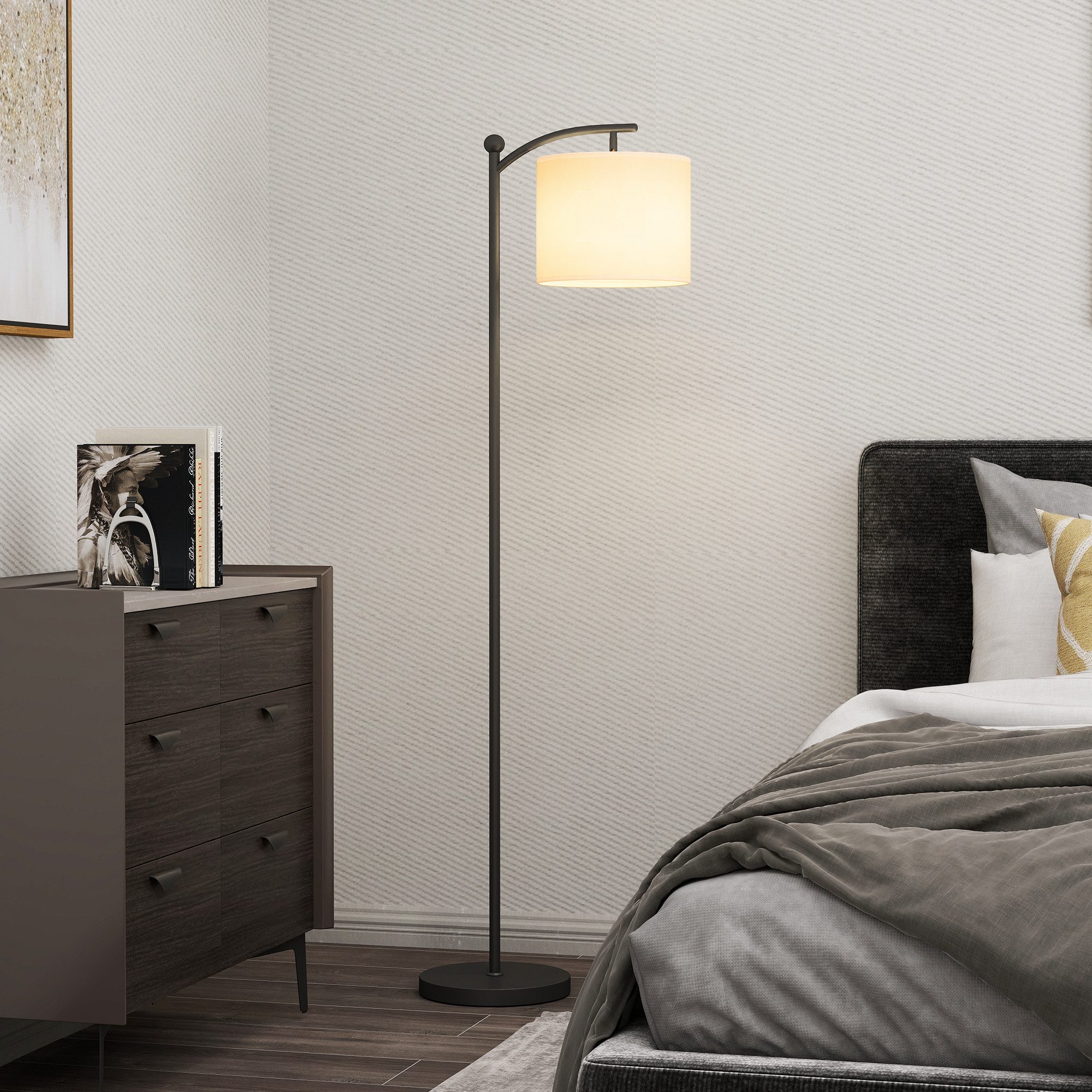 HOMCOM Stehlampe LED Stehleuchte dimmbar, Stoffschirm, Standleuchte, Fußschalter, Infrarotlampe, Lese-Stehlampe mit Timer, Schwarz+Cremeweiß